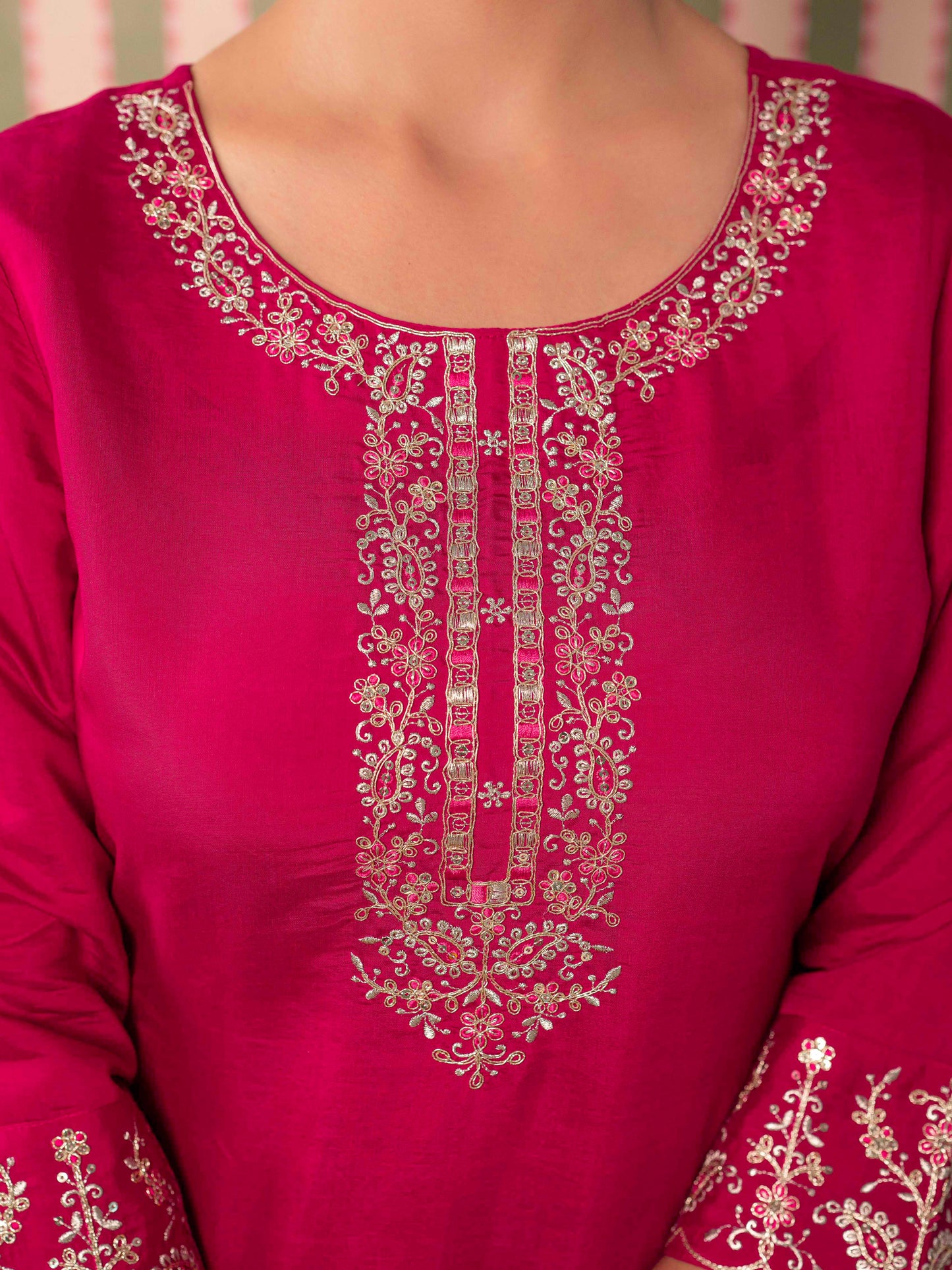 Embroidered Chanderi Solid Straight Fuchsia Kurta