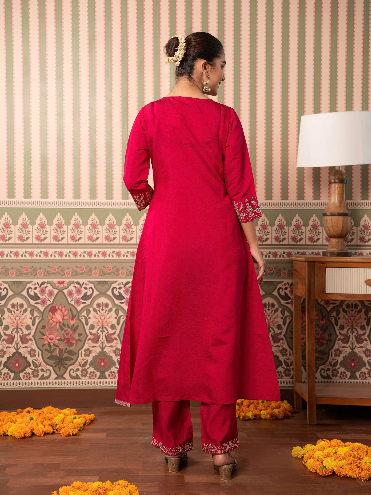Embroidered Chanderi Solid Straight Red Kurta