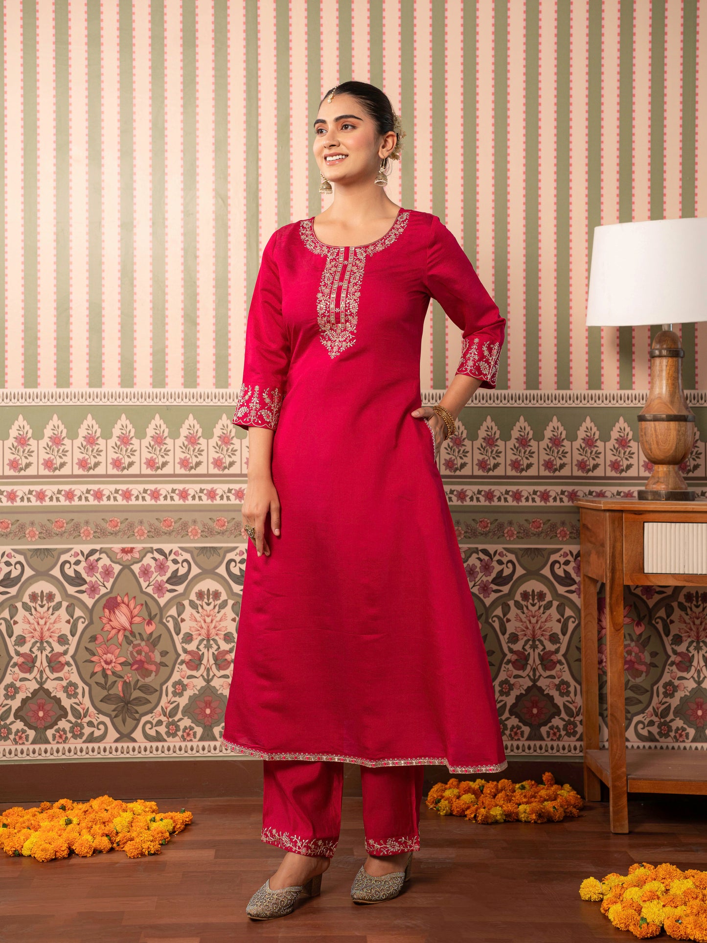 Embroidered Chanderi Solid Straight Red Kurta