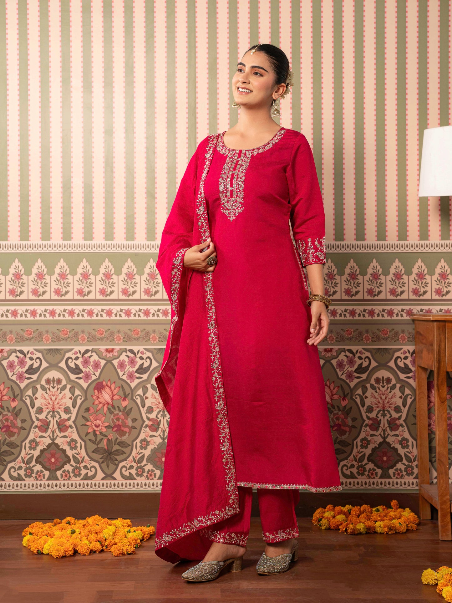 Embroidered Chanderi Solid Straight Red Kurta