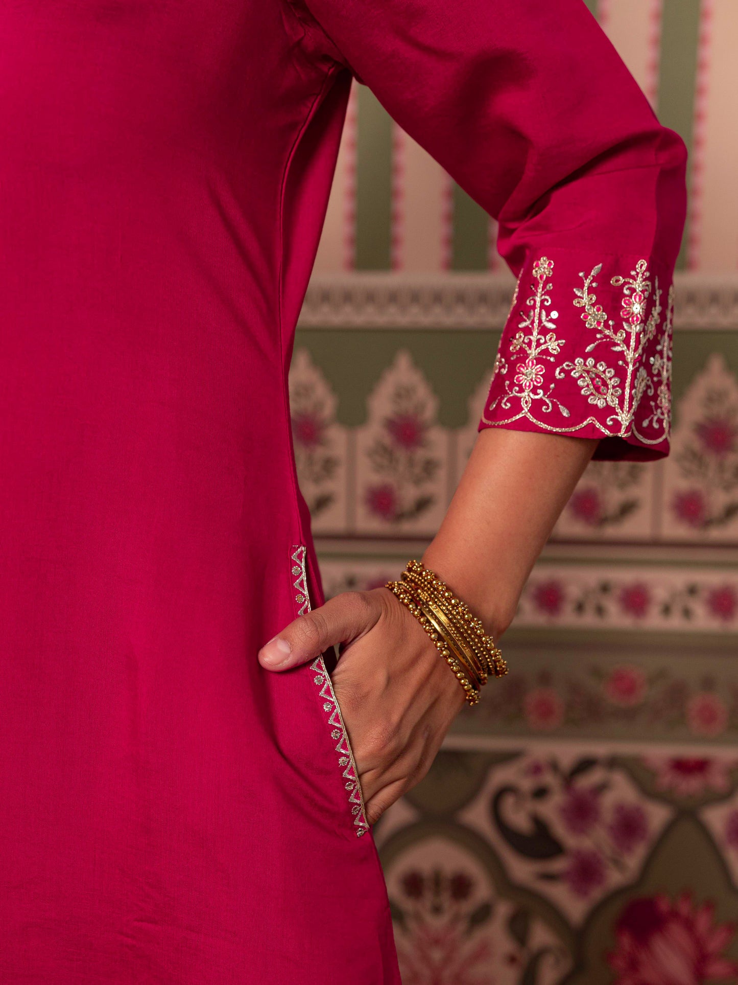 Embroidered Chanderi Solid Straight Fuchsia Kurta