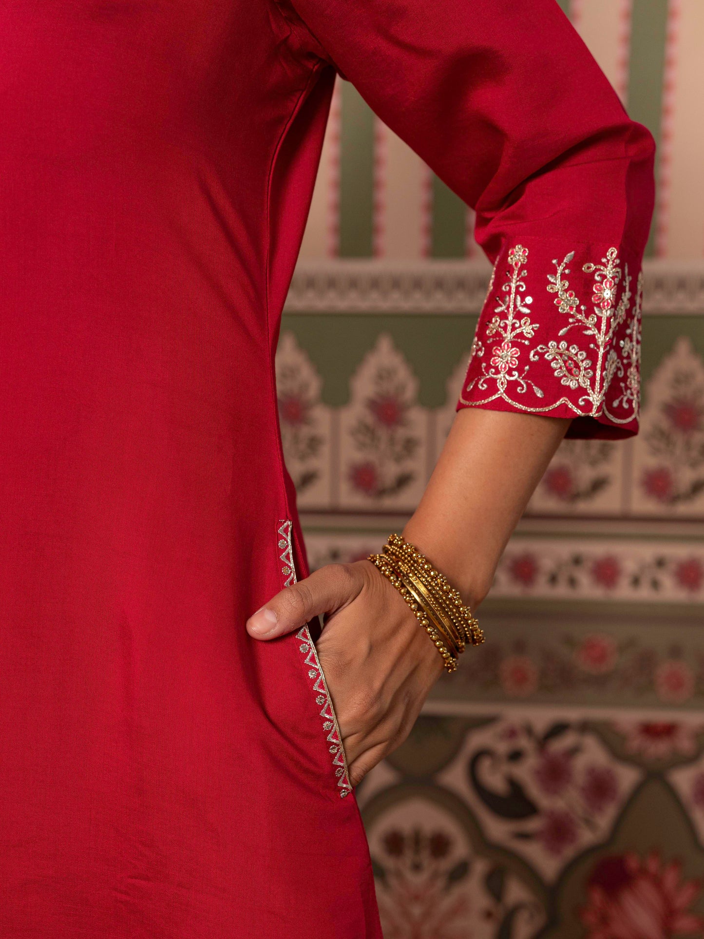 Embroidered Chanderi Solid Straight Red Kurta