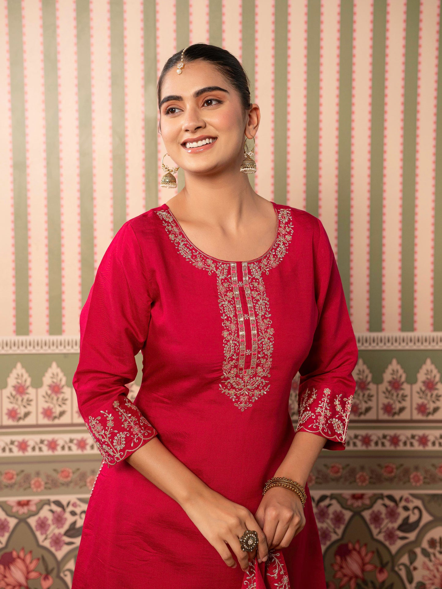 Embroidered Chanderi Solid Straight Red Kurta
