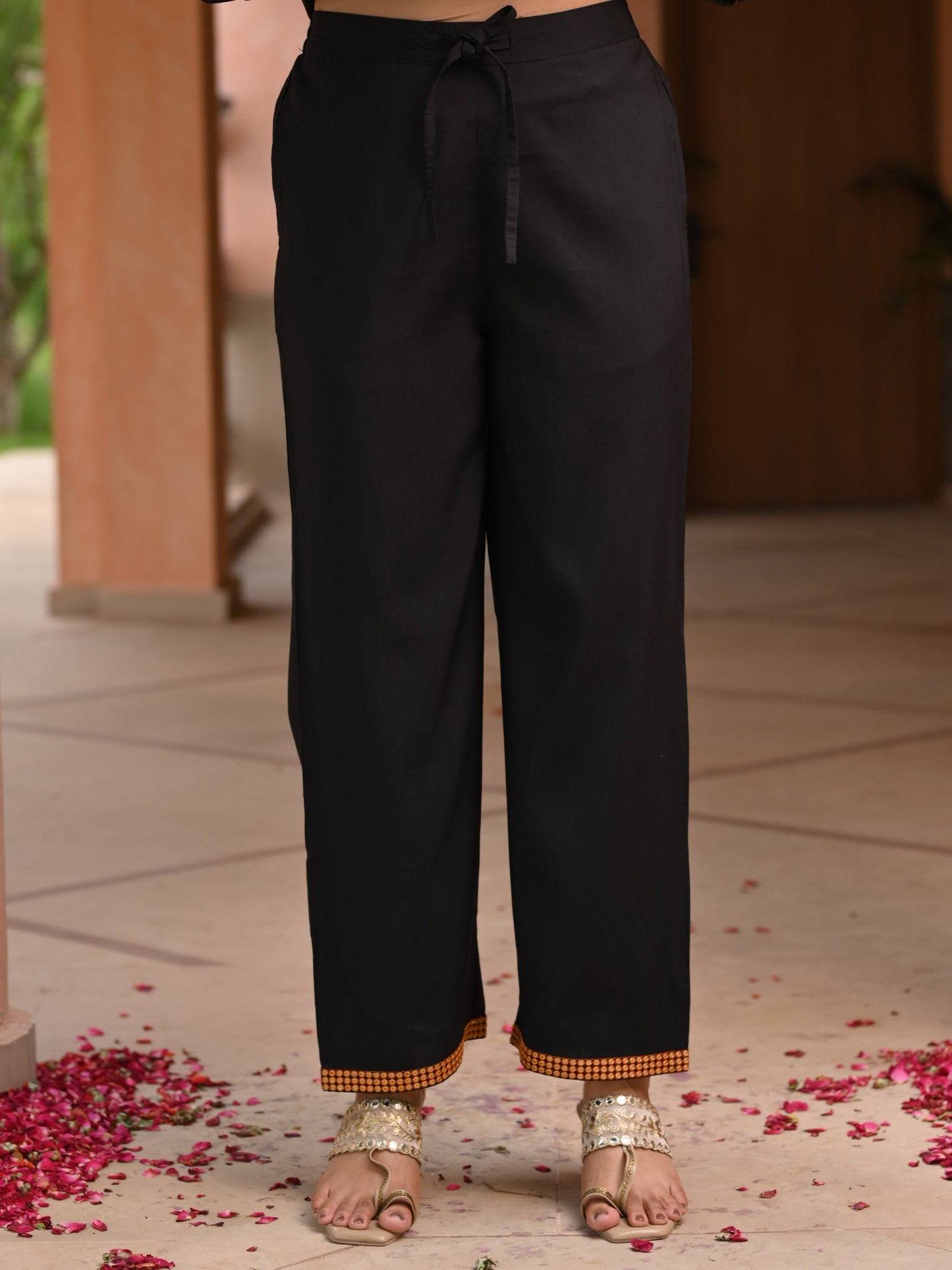 Embroidered Chanderi Solid Black Straight Trousers