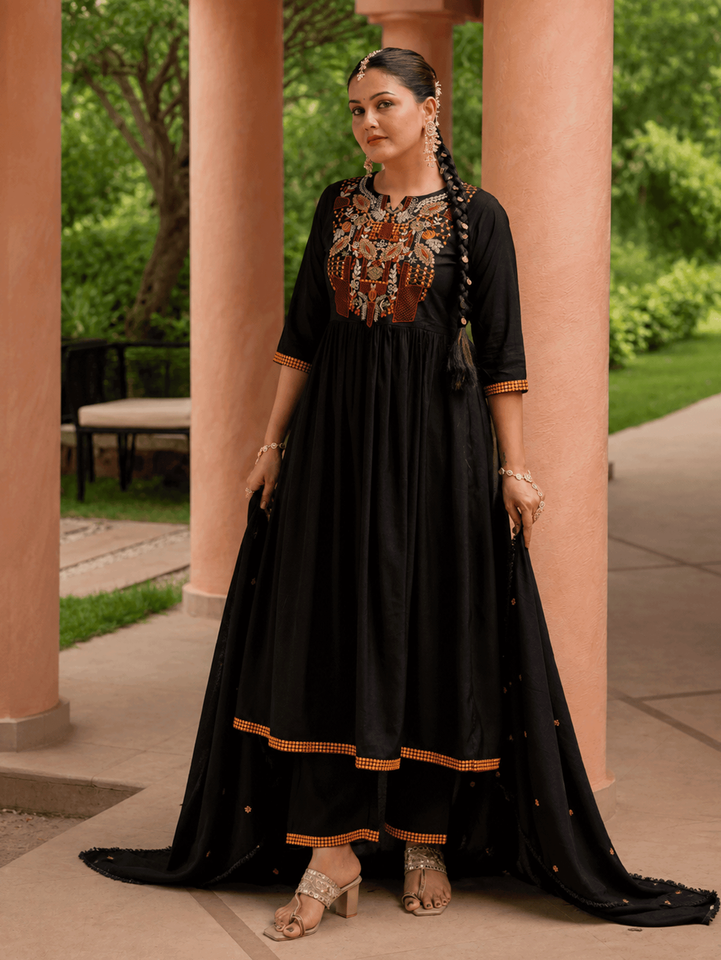 Embroidered Blended silk Solid Black Dupatta