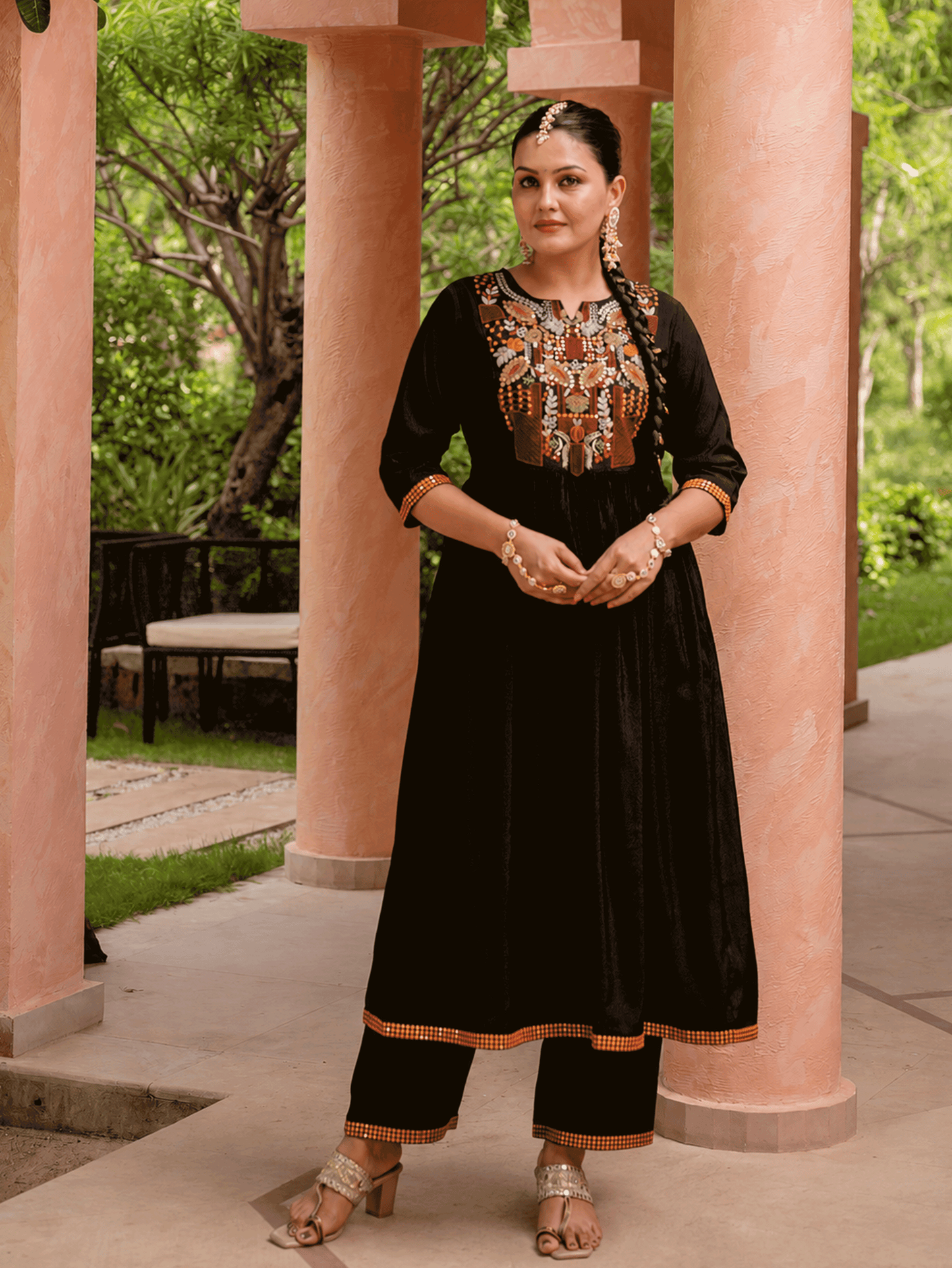 Embroidered Chanderi Solid Flared Black Kurta