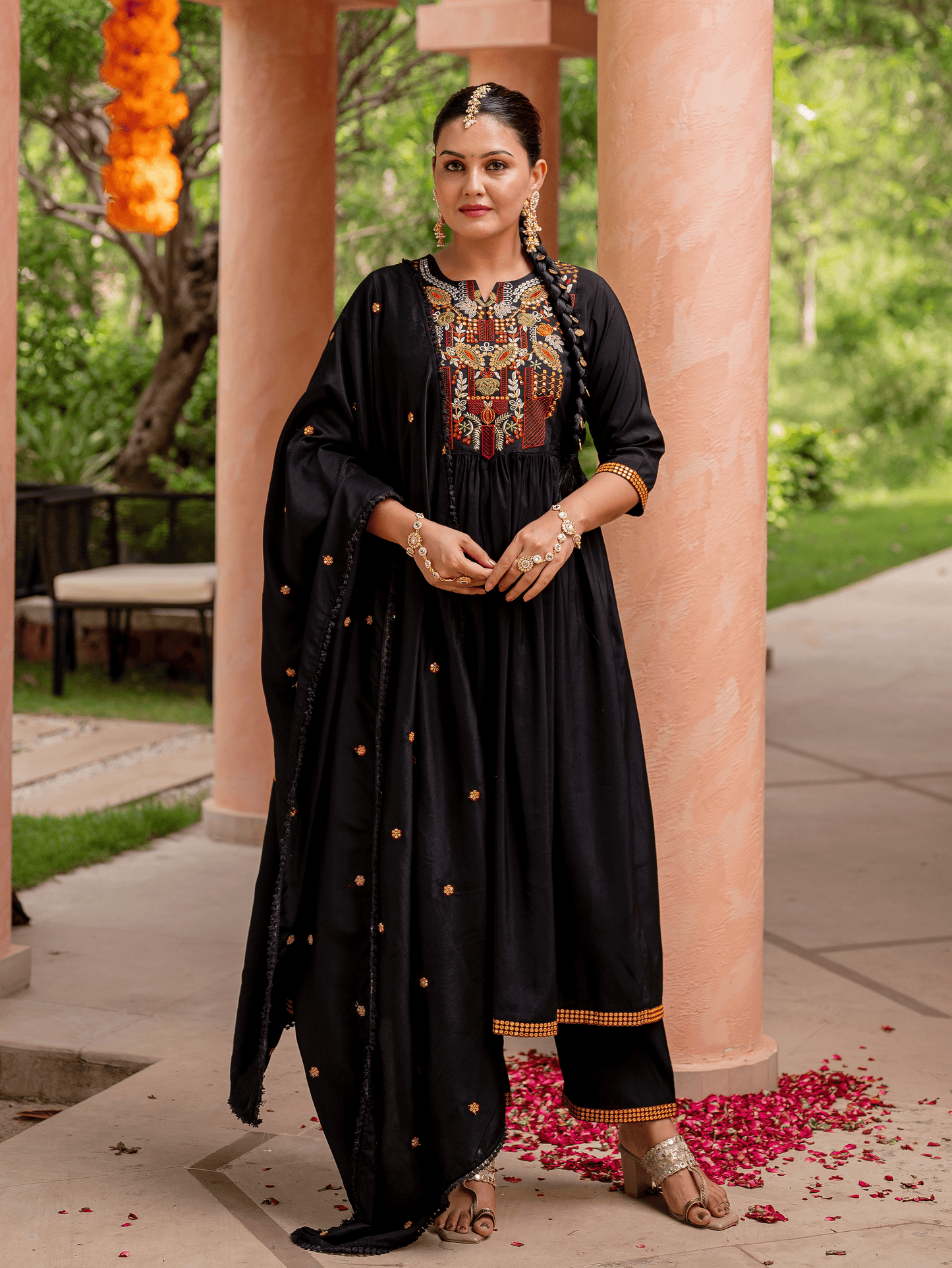 Embroidered Chanderi Solid Flared Black Kurta