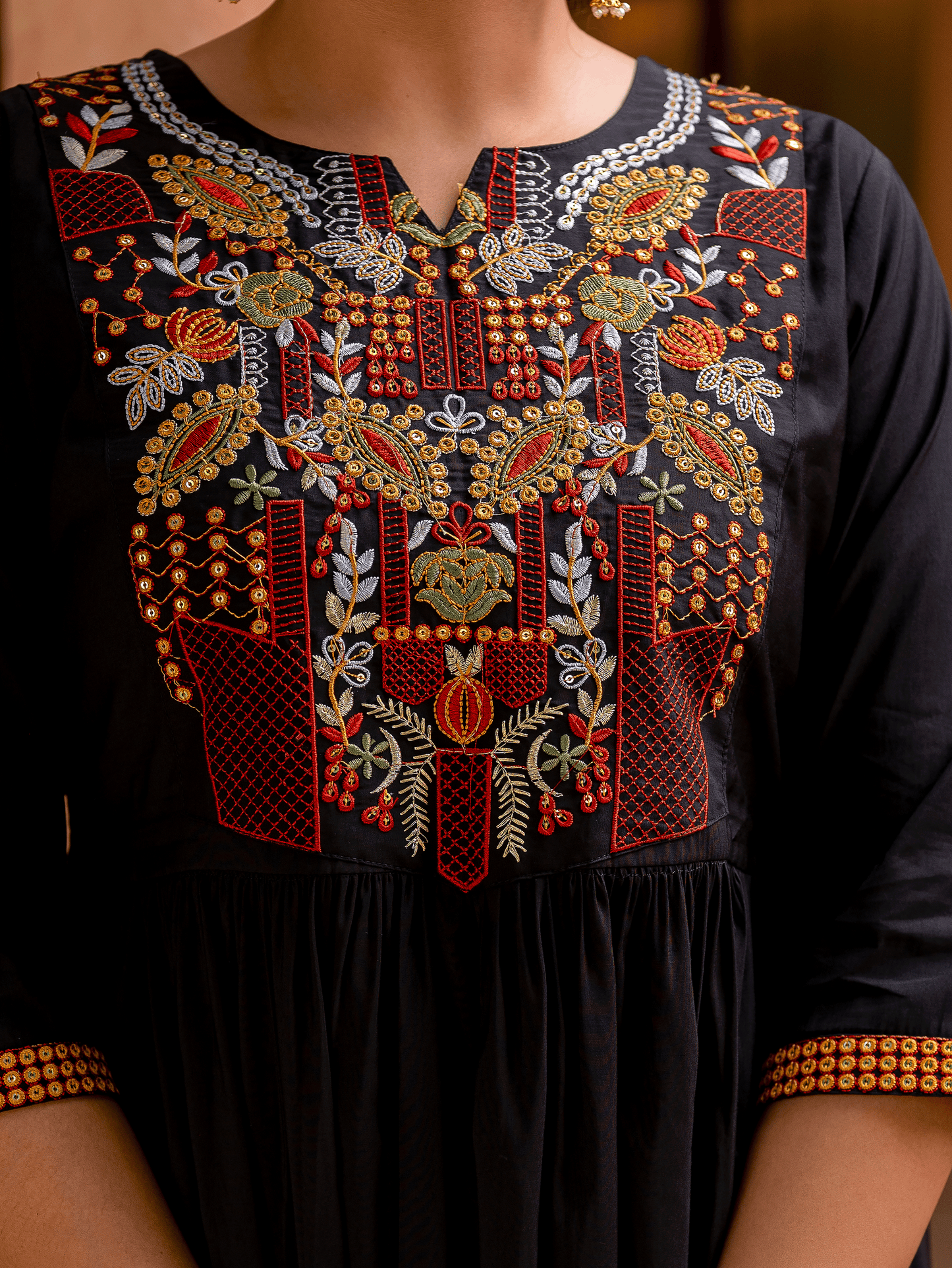 Embroidered Chanderi Solid Flared Black Kurta