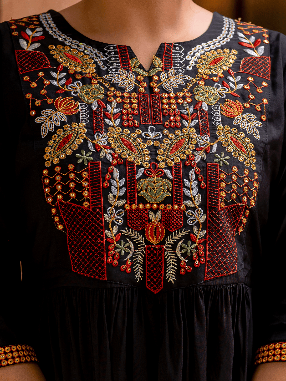 Embroidered chanderi solid flared black kurta