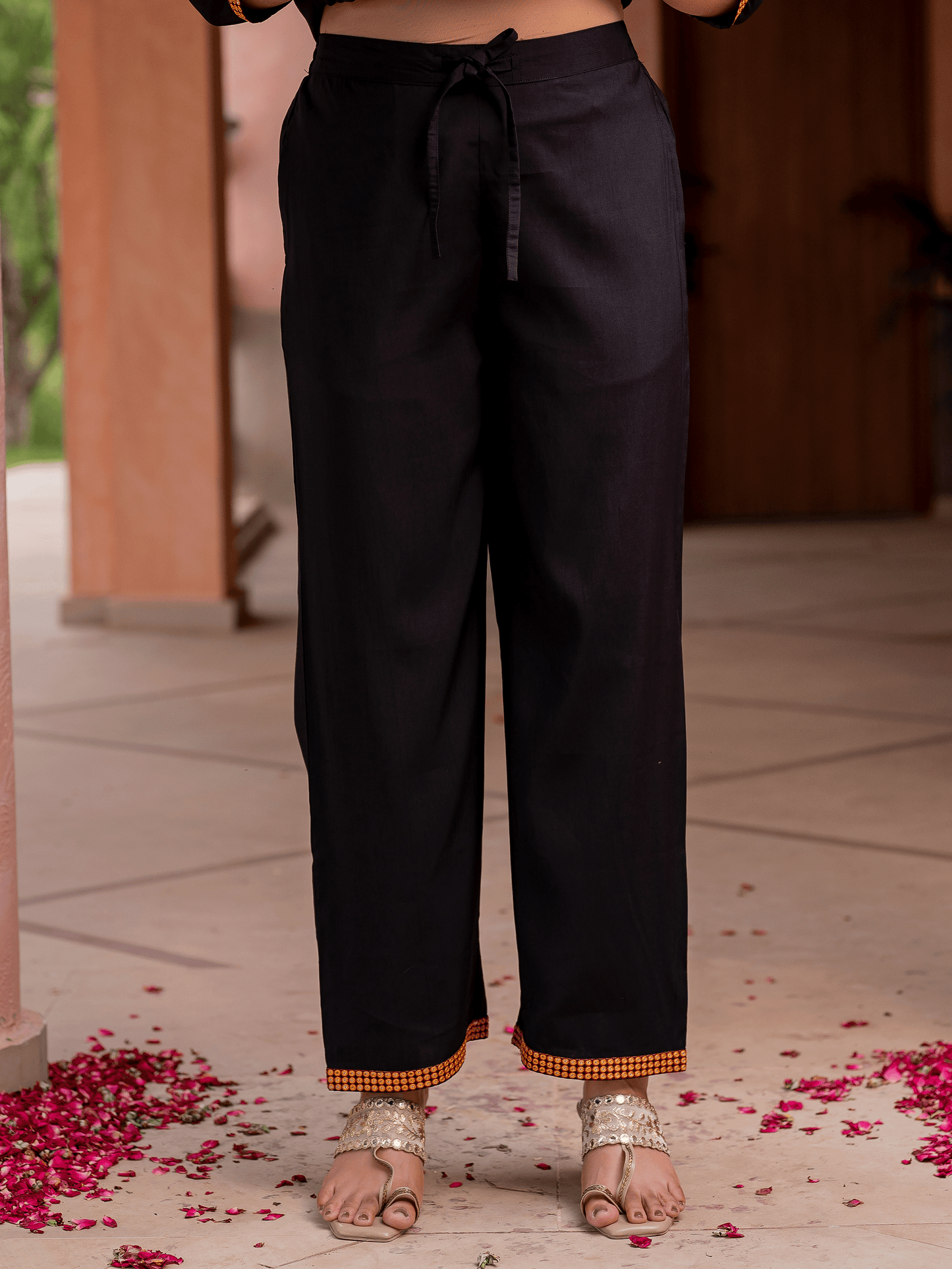 Embroidered Chanderi Solid Flared Black Kurta