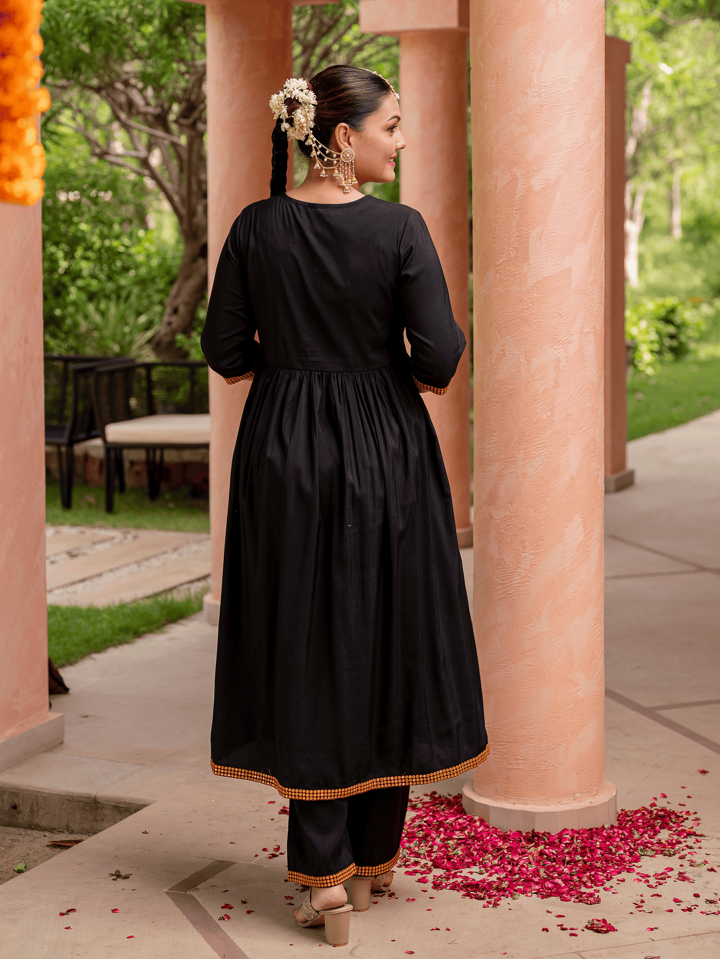 Embroidered Chanderi Solid Flared Black Kurta