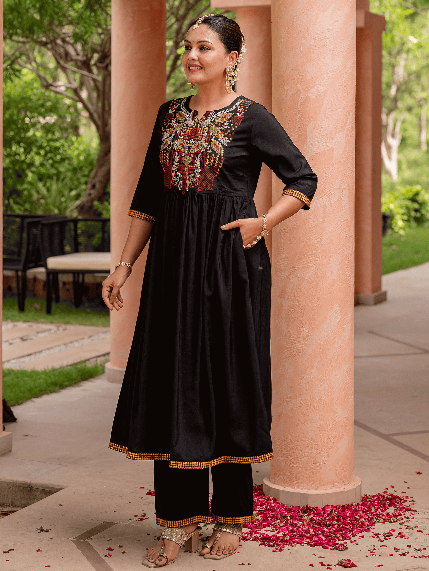 Embroidered Chanderi Solid Flared Black Kurta