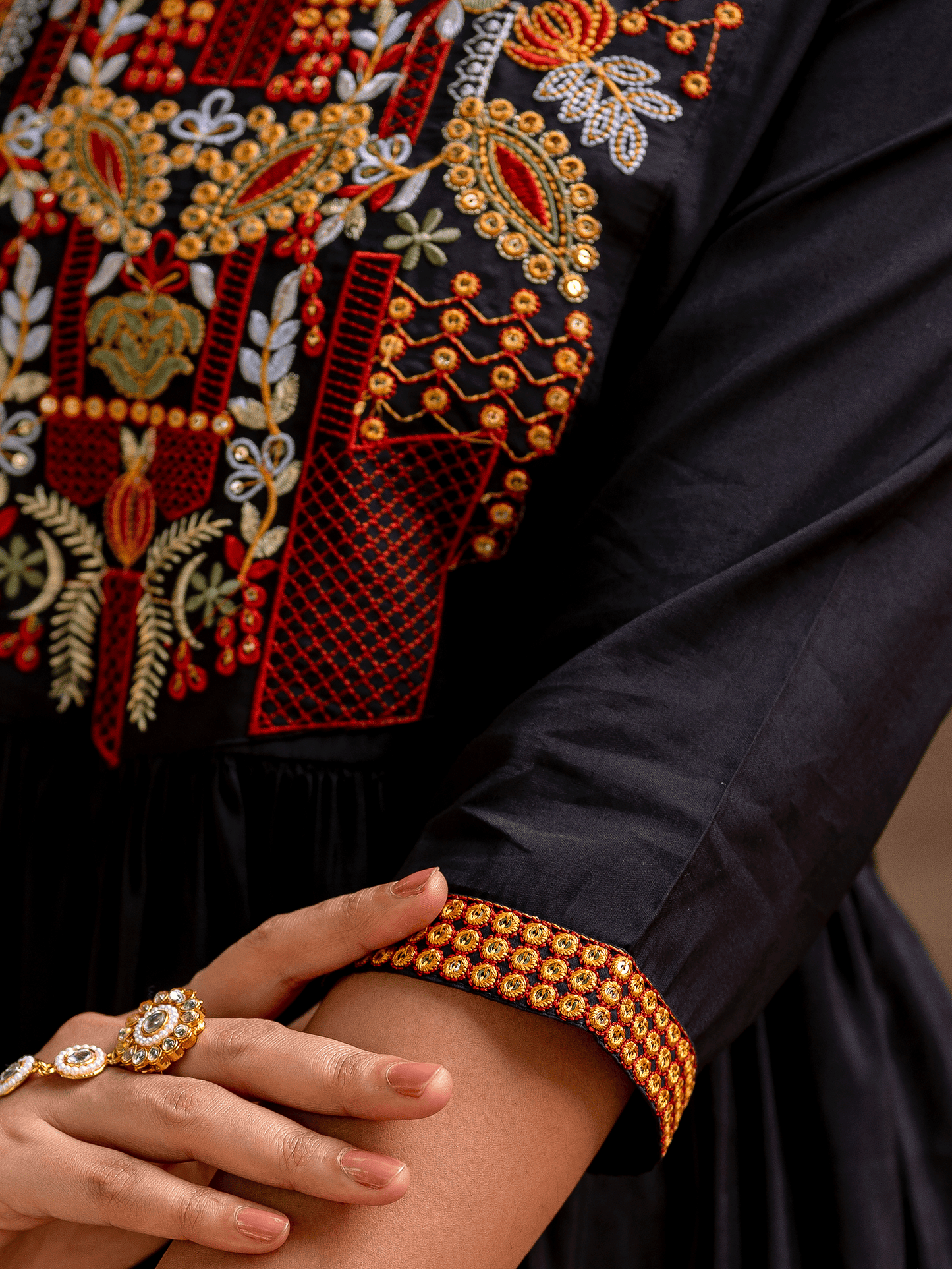 Embroidered Chanderi Solid Flared Black Kurta