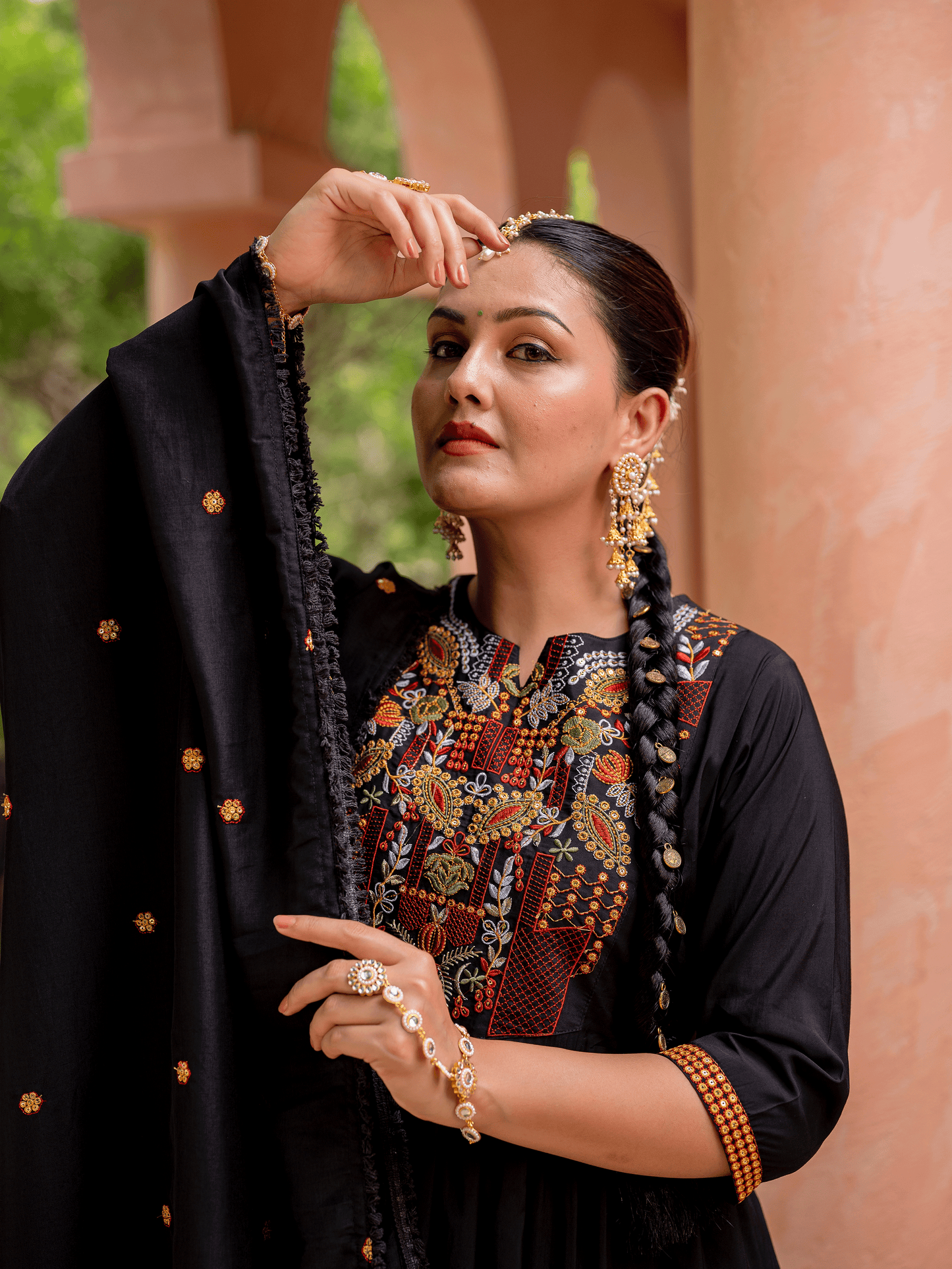 Embroidered Chanderi Solid Flared Black Kurta
