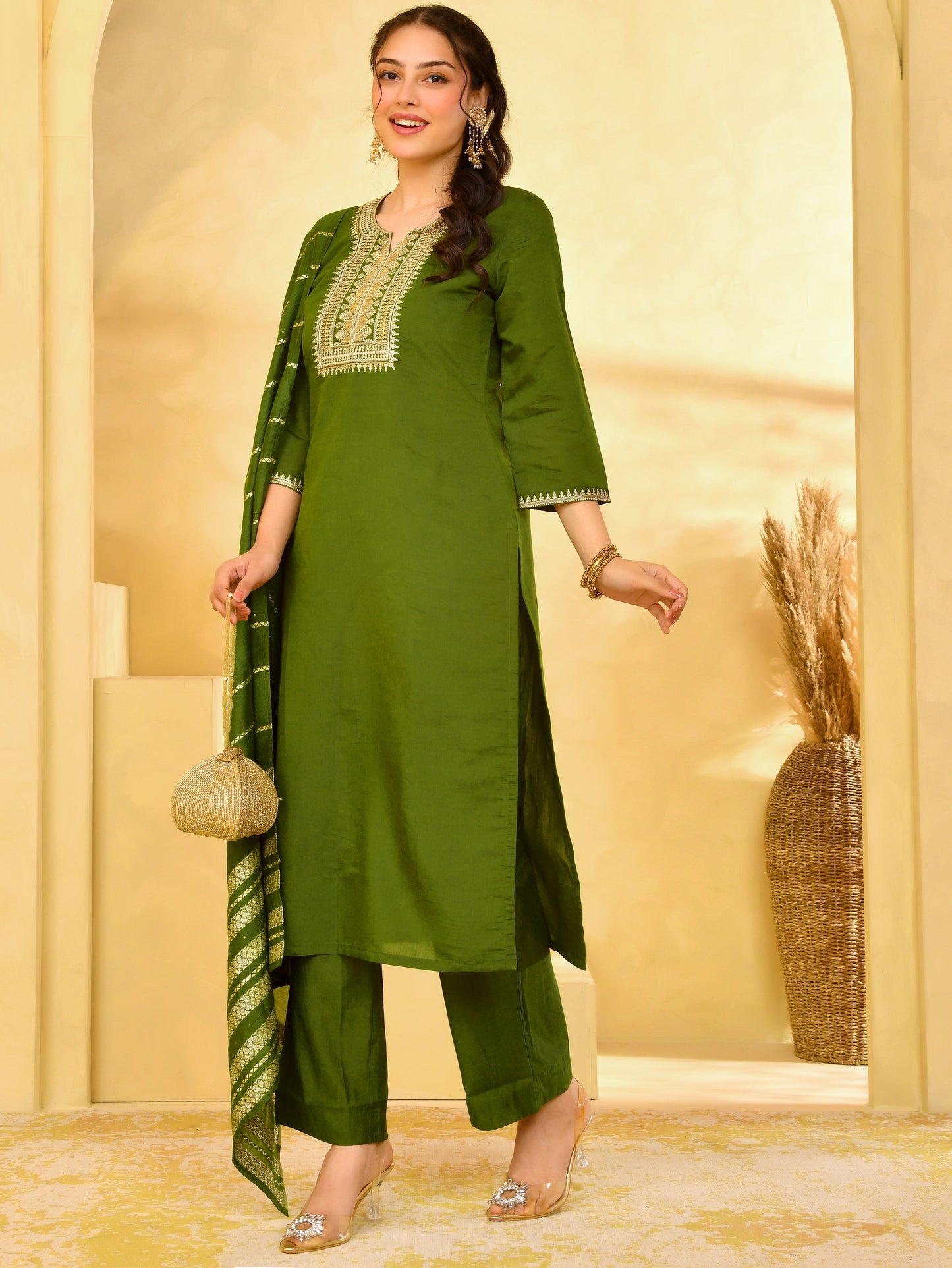 Embroidered Chanderi Solid Straight Green Kurta