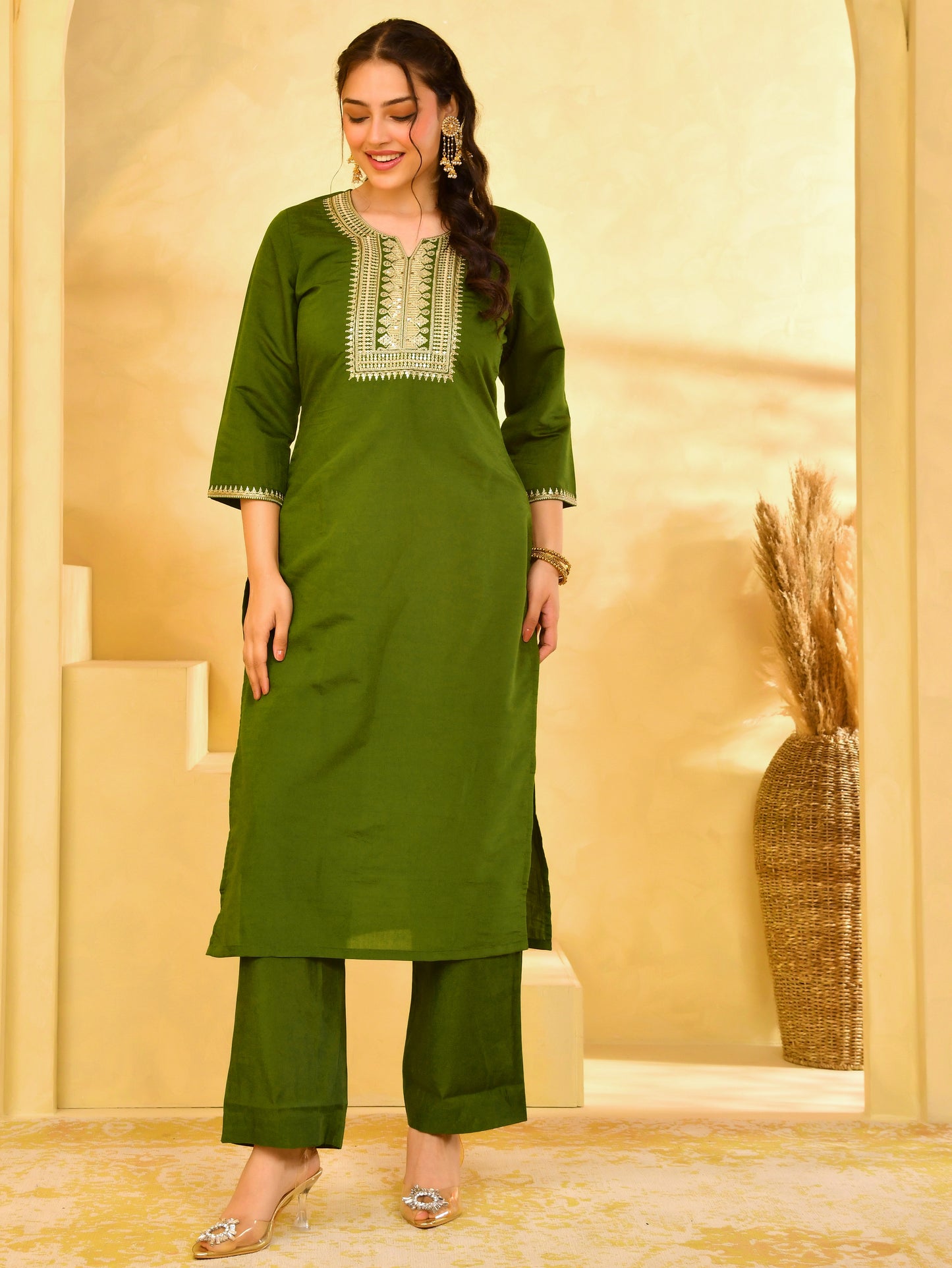 Embroidered Chanderi Solid Straight Green Kurta