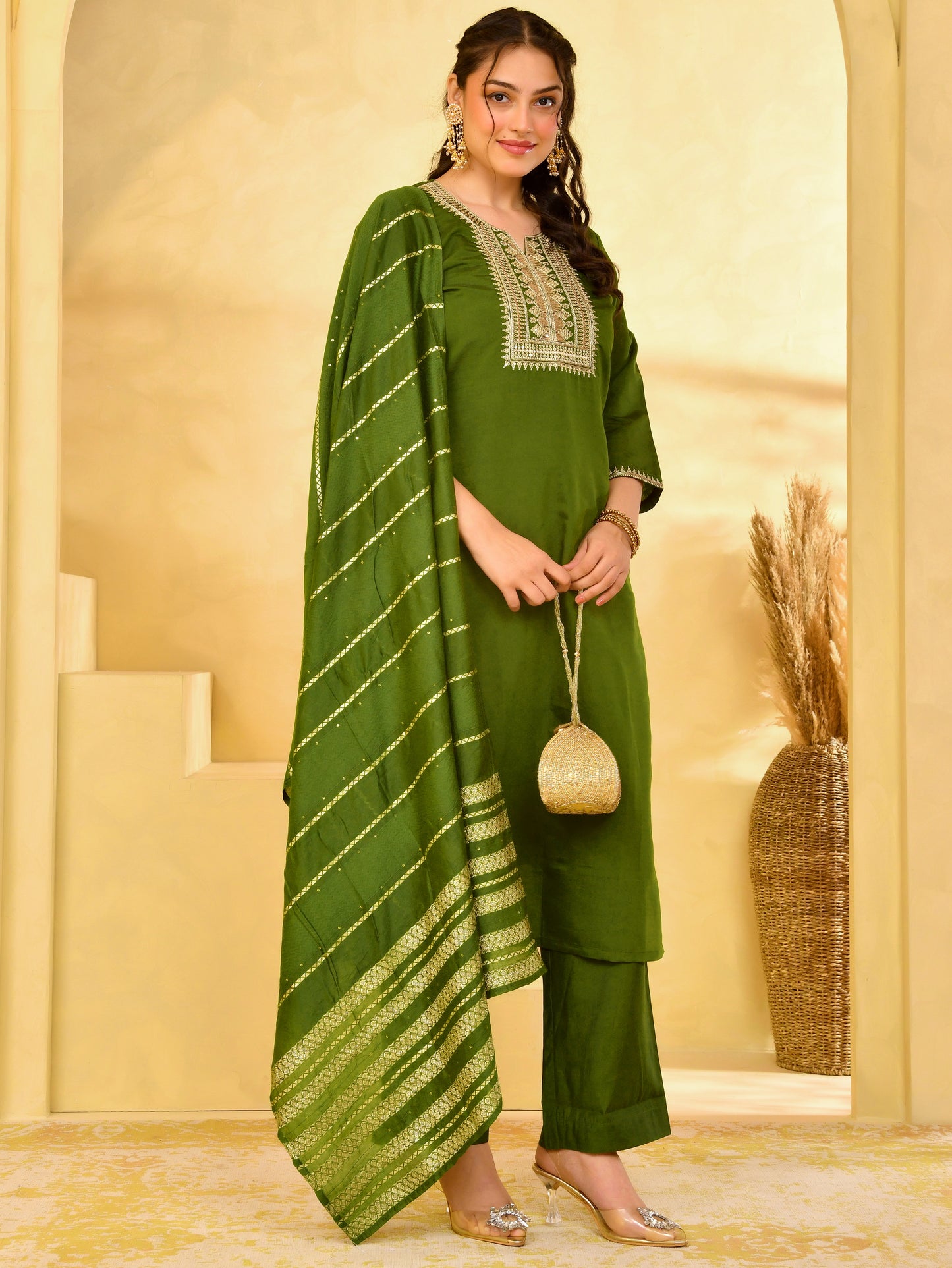 Embroidered Chanderi Solid Straight Green Kurta