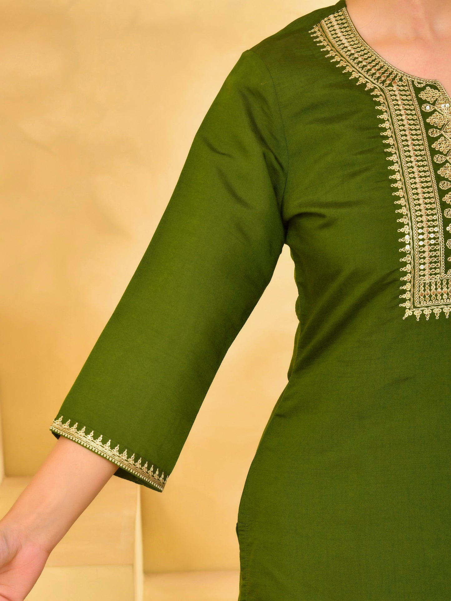 Embroidered Chanderi Solid Straight Green Kurta