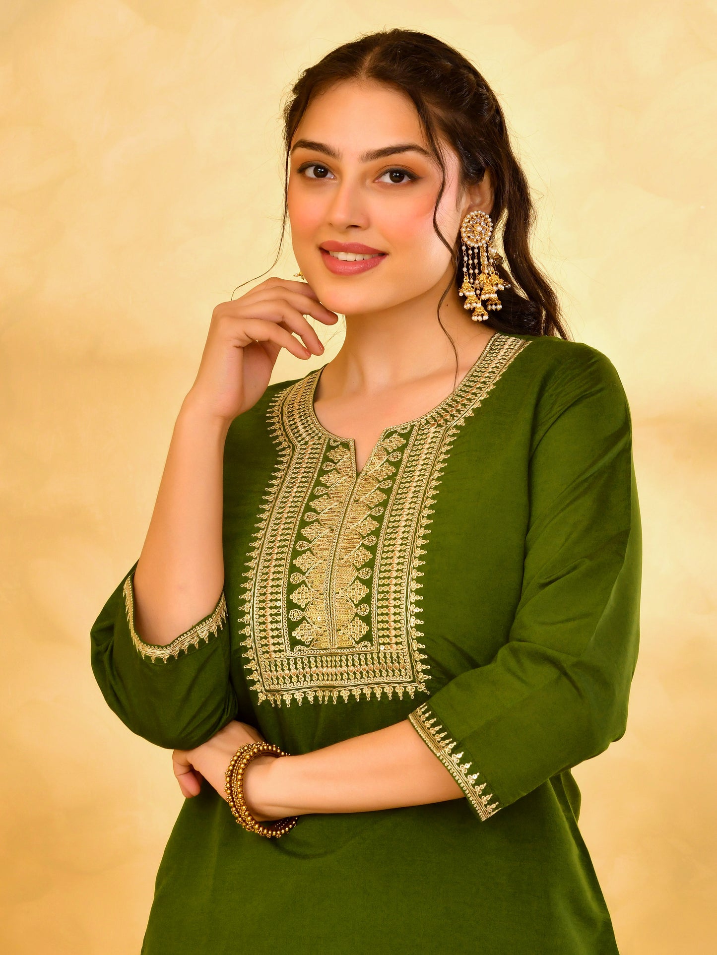 Embroidered Chanderi Solid Straight Green Kurta