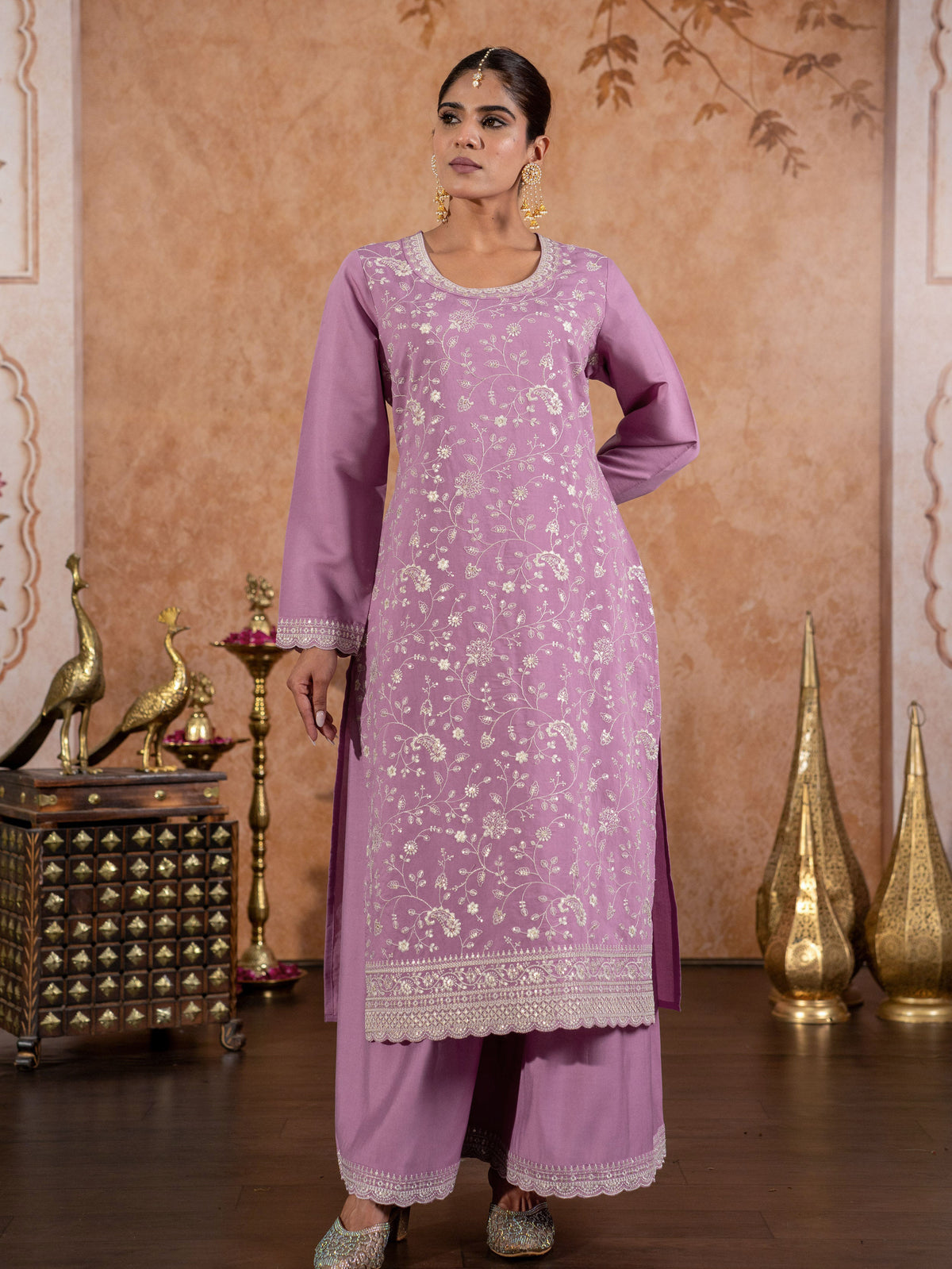 Embroidered Chanderi Solid Straight Lavender Kurta