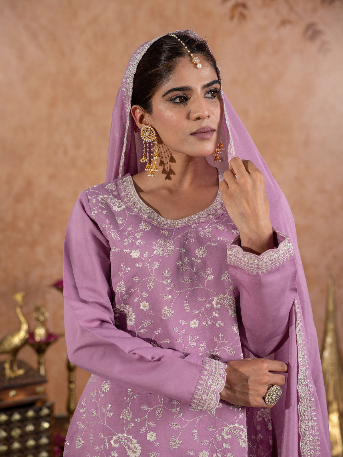 Embroidered Chanderi Solid Lavender Dupatta
