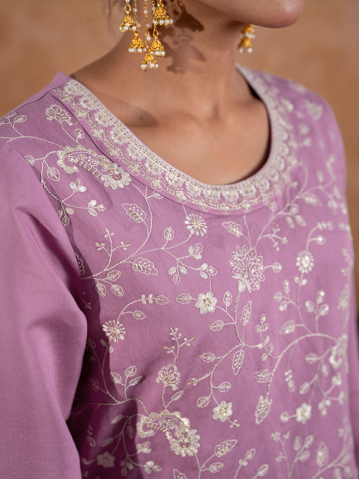 Embroidered Chanderi Solid Straight Lavender Kurta