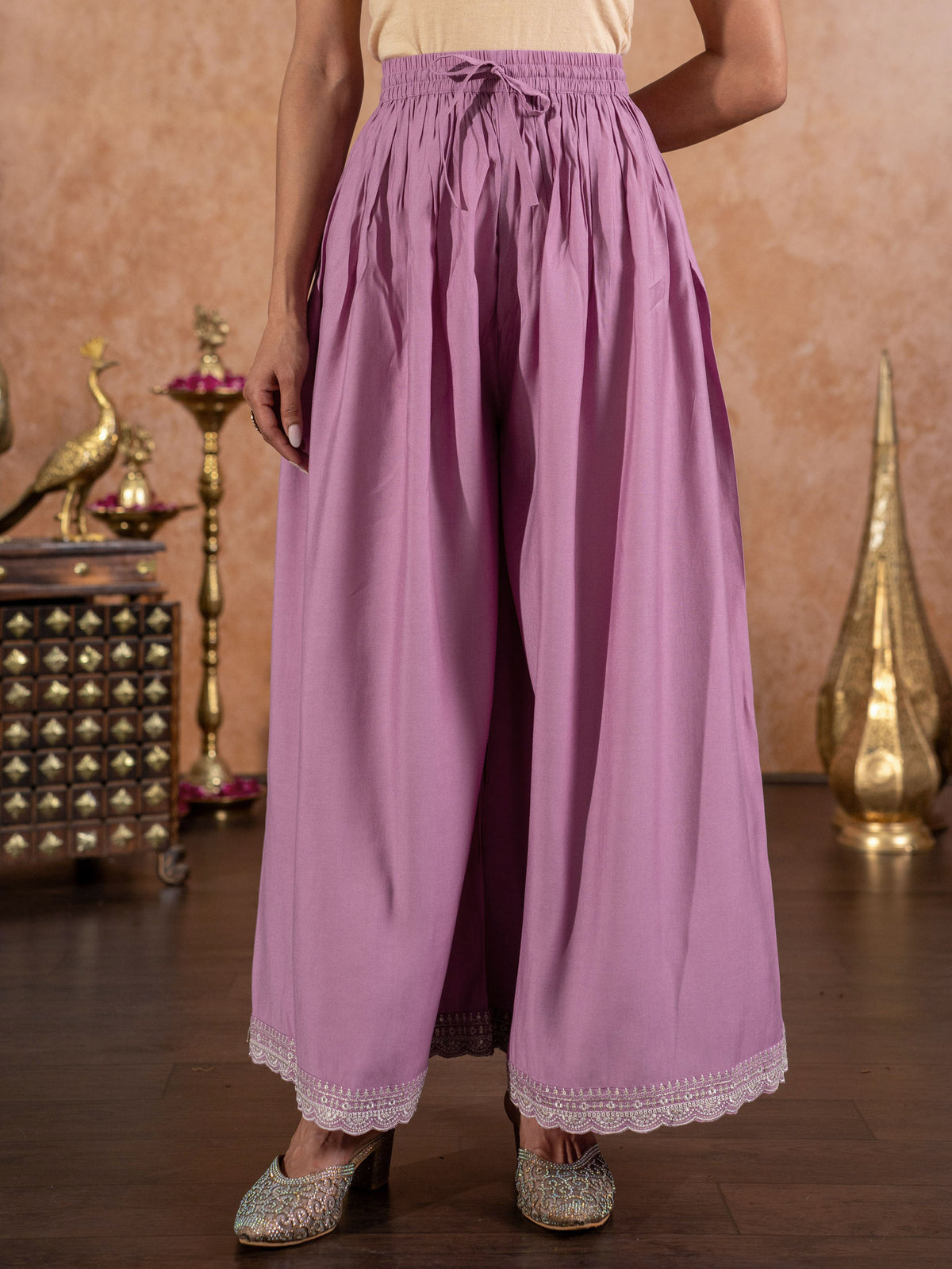 Embroidered Chanderi Solid Straight Lavender Kurta