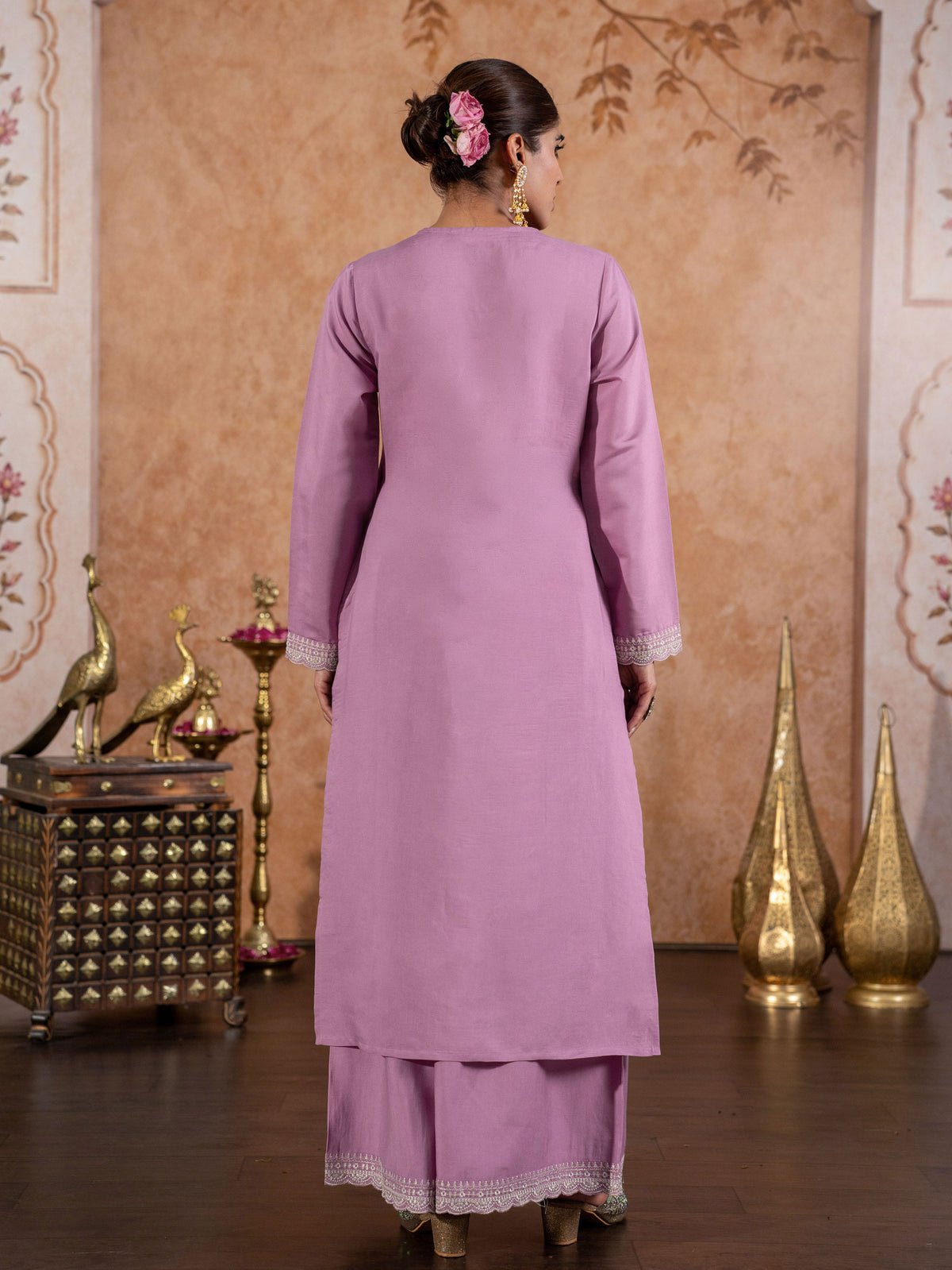 Embroidered Chanderi Solid Straight Lavender Kurta