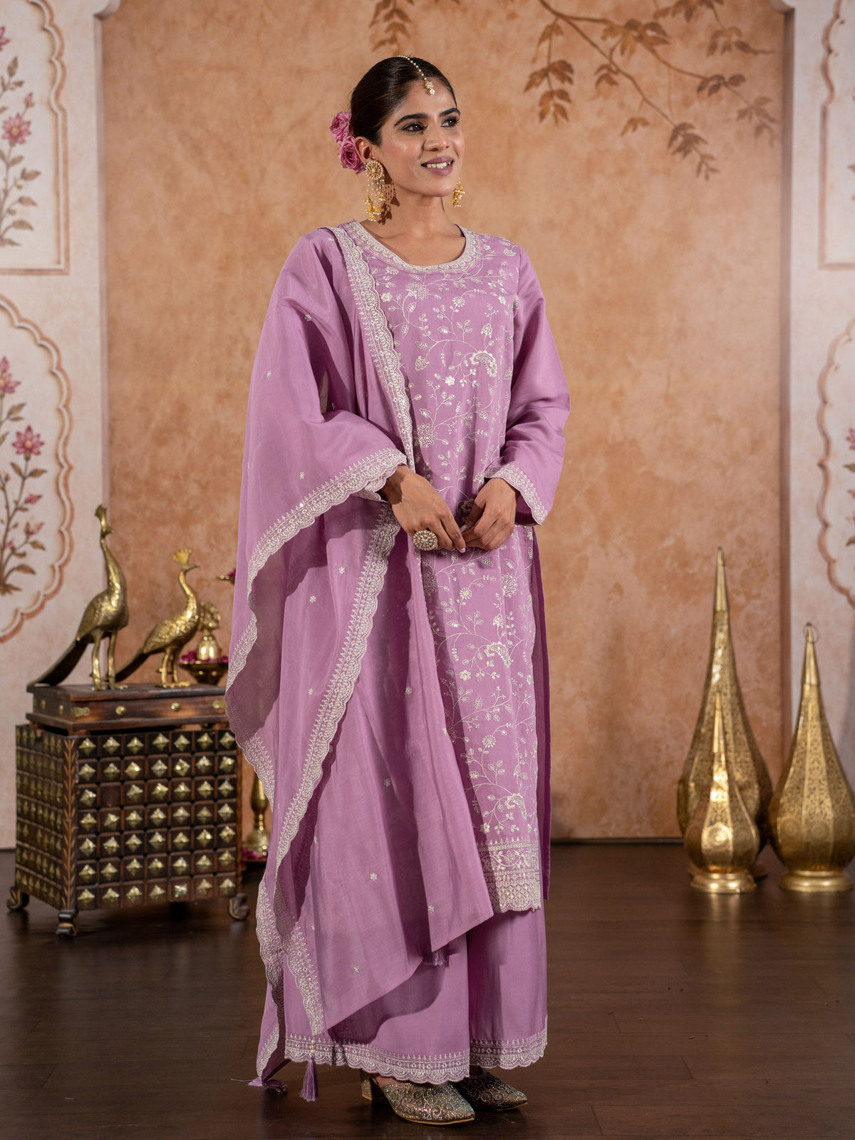 Embroidered Chanderi Solid Lavender Dupatta