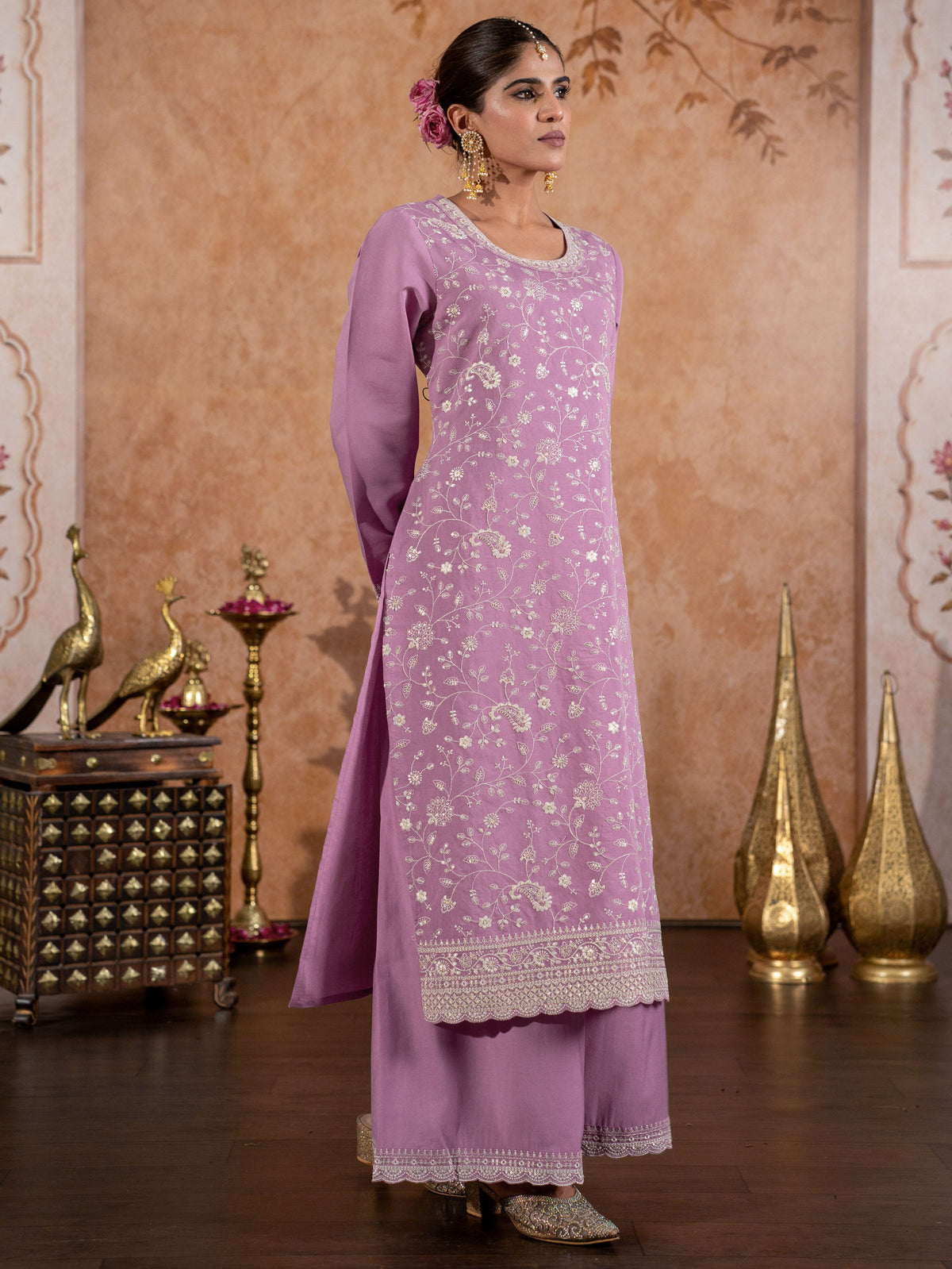 Embroidered Chanderi Solid Straight Lavender Kurta