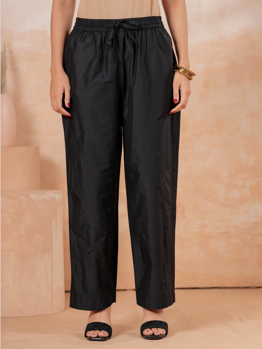 Blended Silk Solid Black Straight Trousers