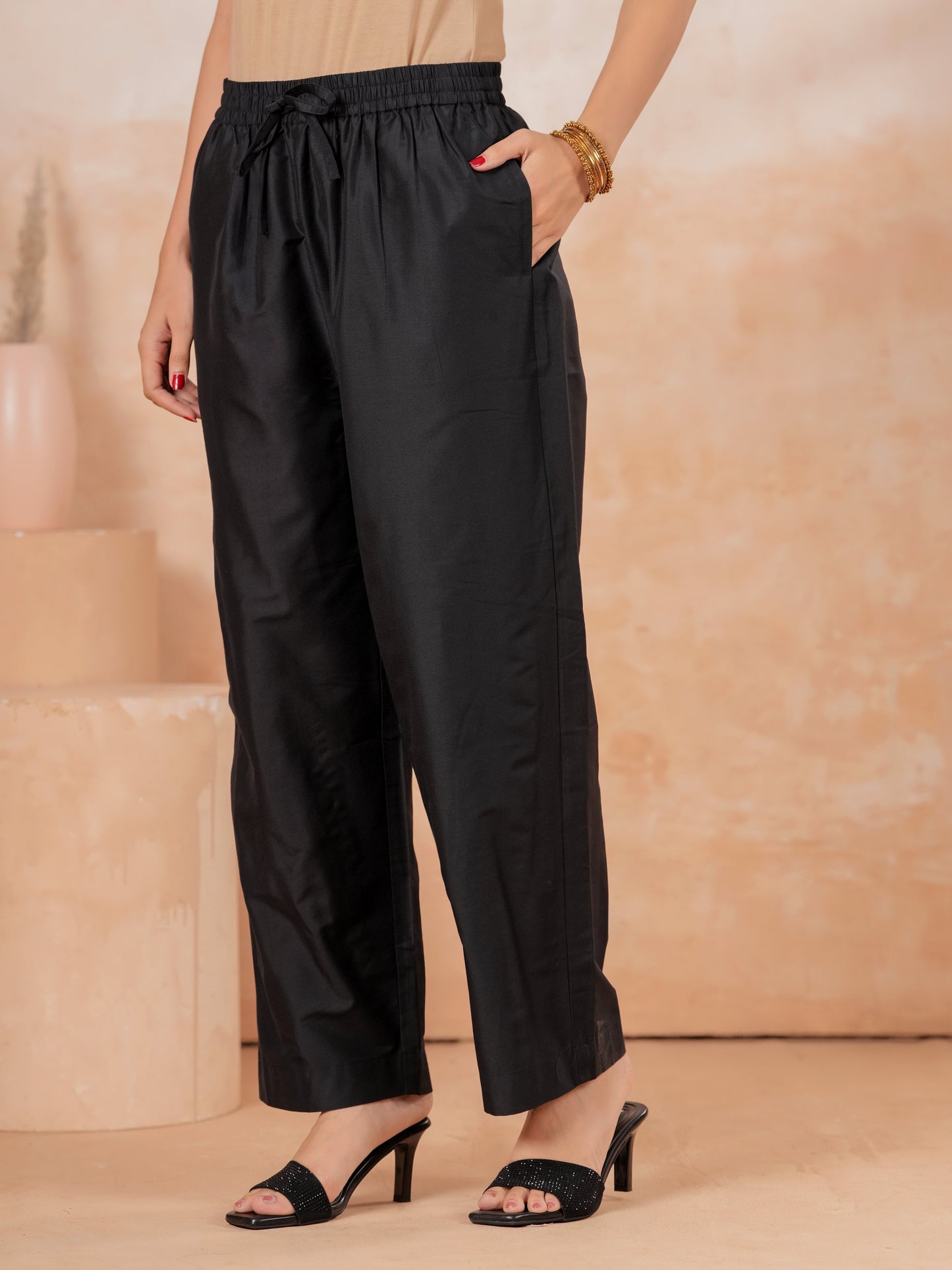 Blended Silk Solid Black Straight Trousers