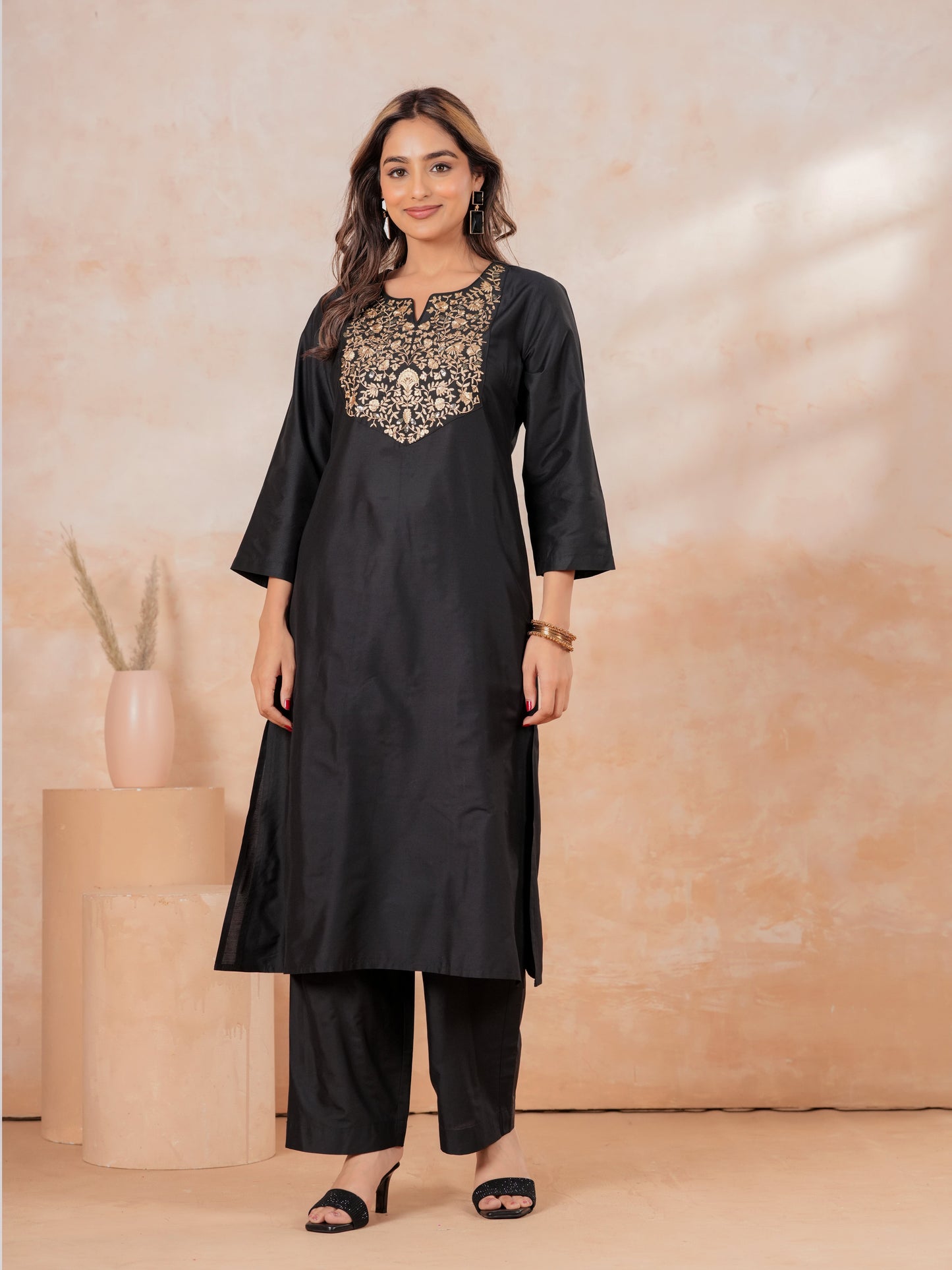 Embroidered PST Solid A-line Black Kurta