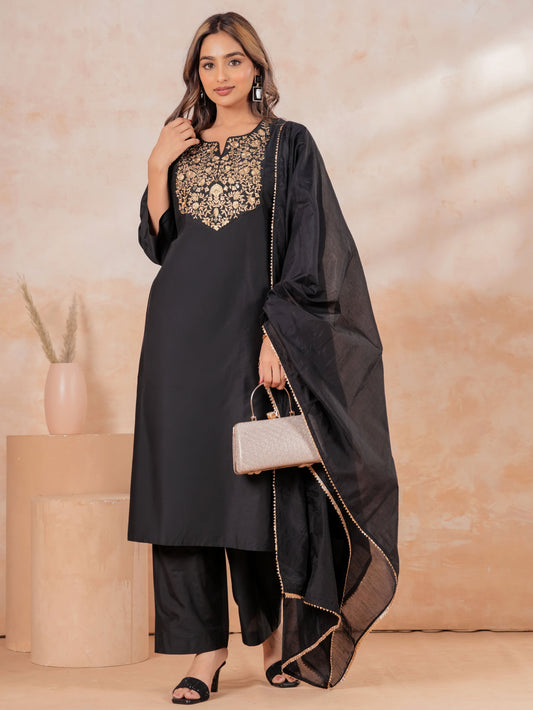 Embroidered PST Solid A-line Black Kurta