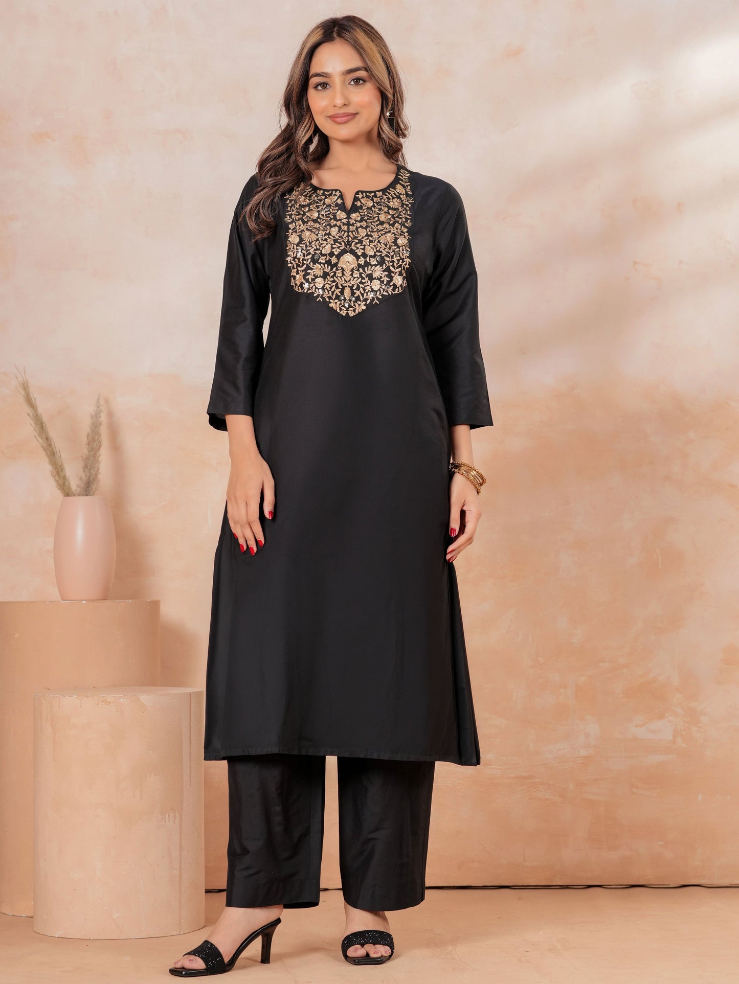 Embroidered PST Solid A-line Black Kurta