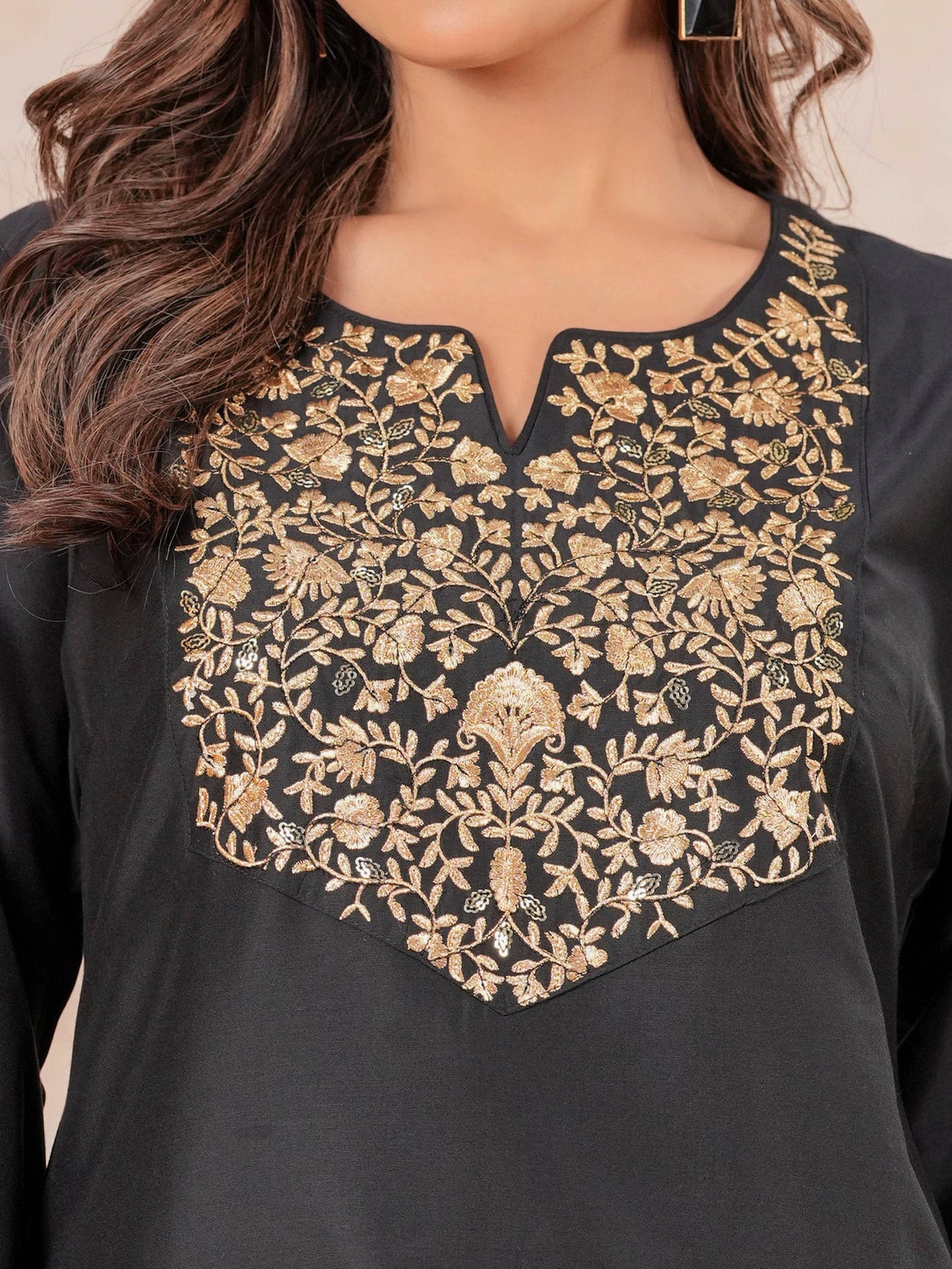 Embroidered Blended Silk Solid A-line Black Kurta