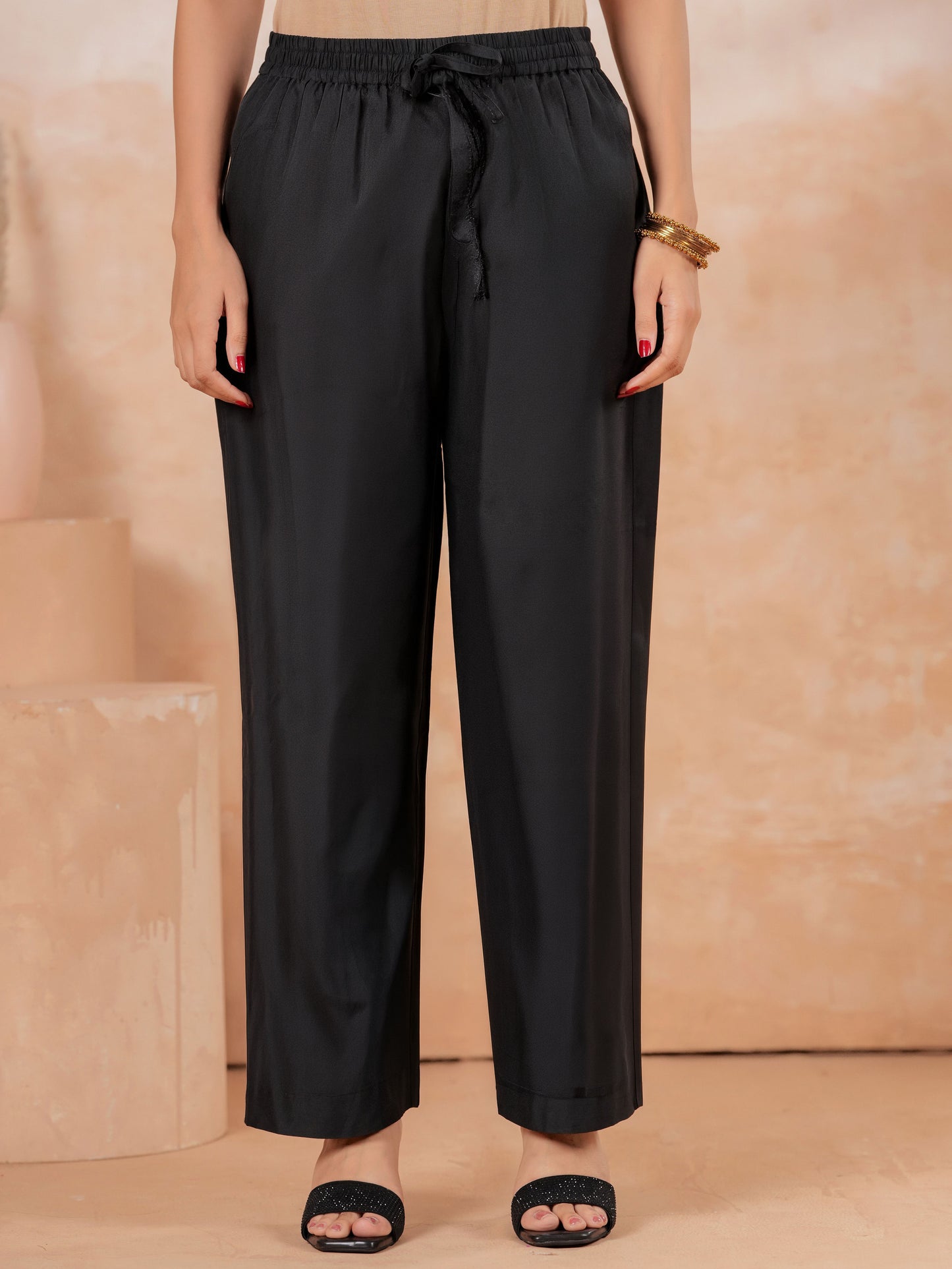 Embroidered Blended Silk Solid A-line Black Kurta