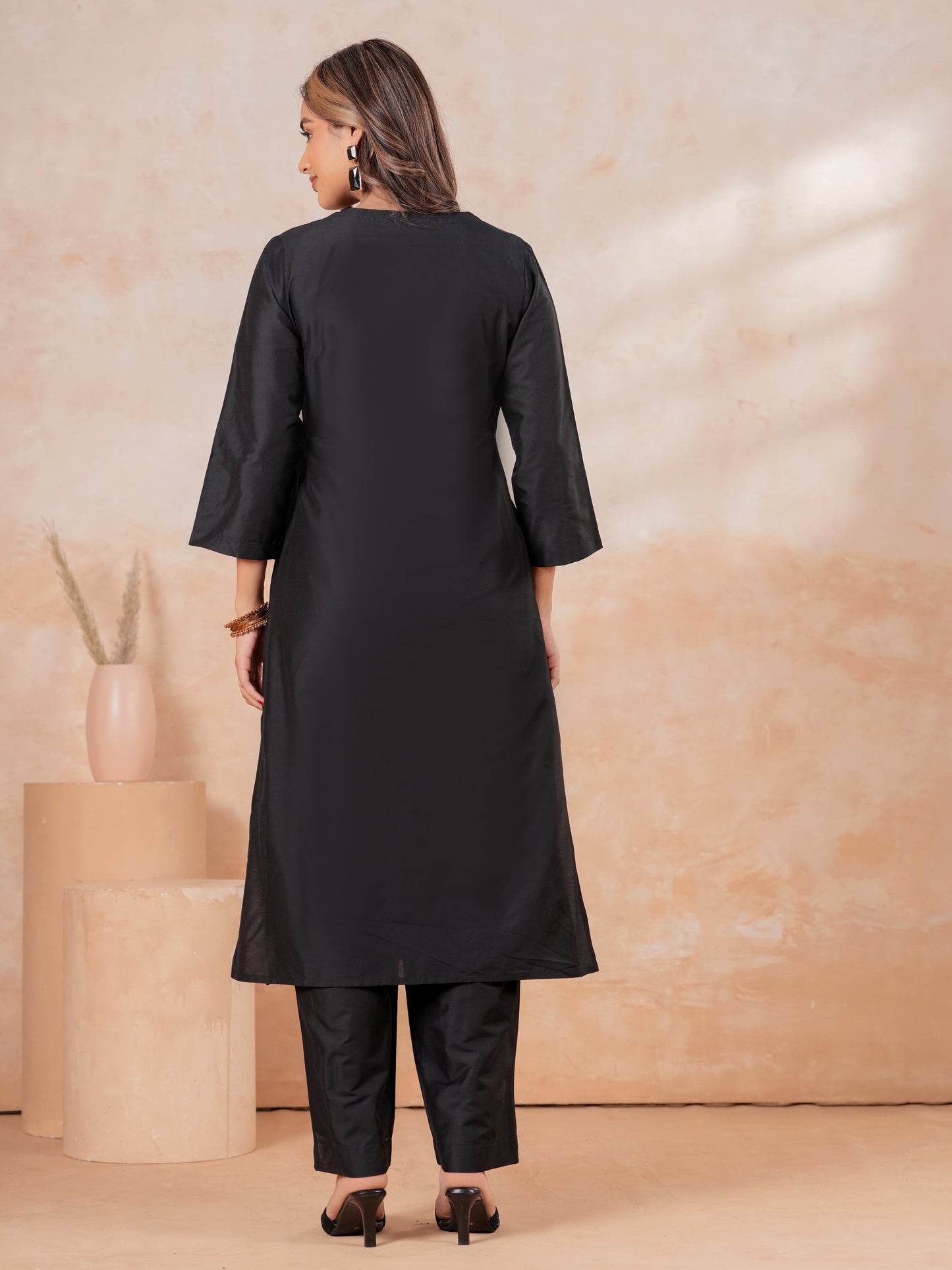 Embroidered PST Solid A-line Black Kurta