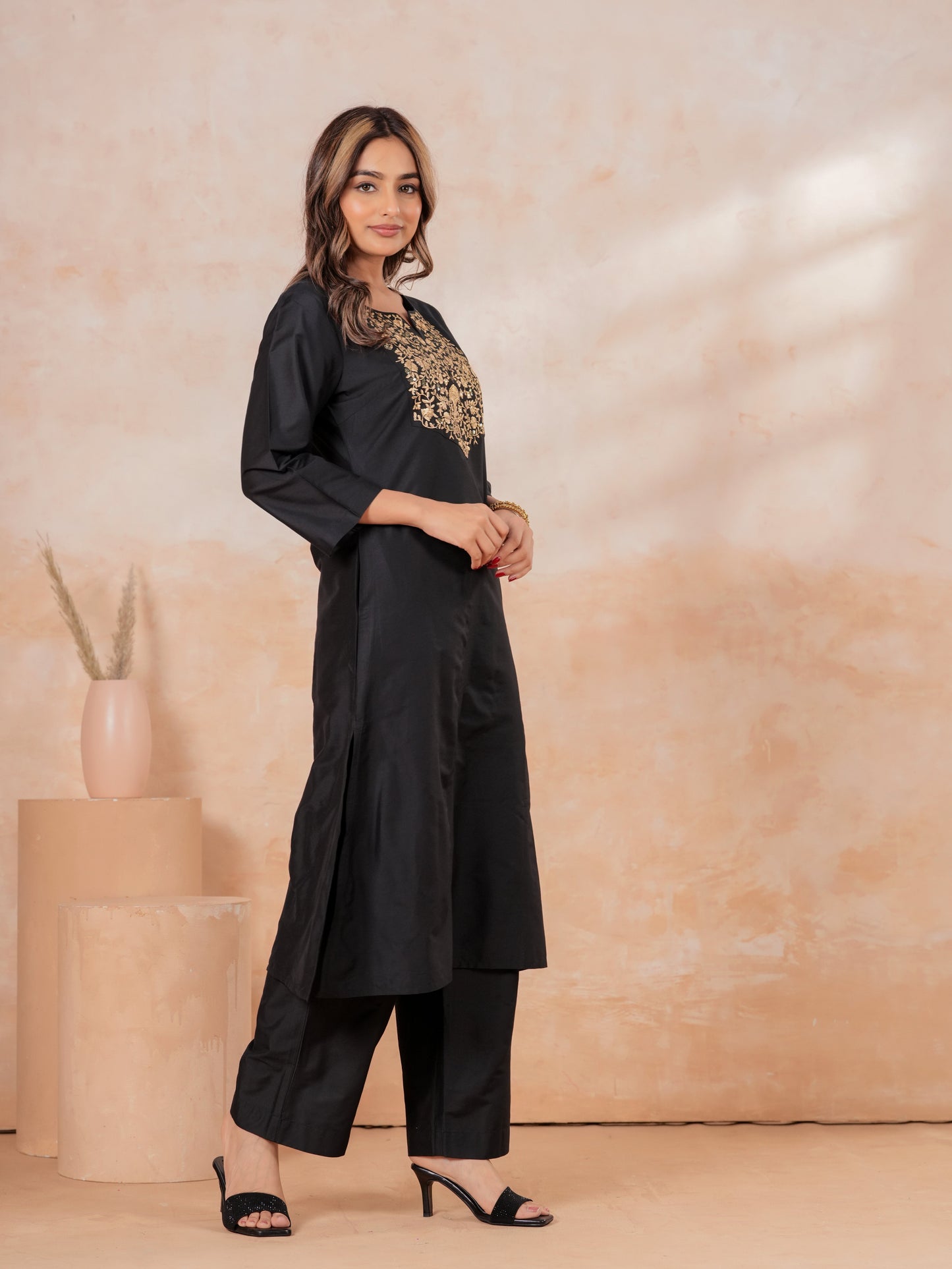 Embroidered Blended Silk Solid A-line Black Kurta