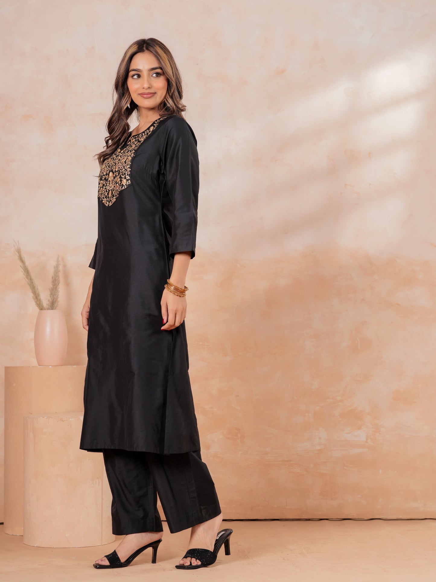 Embroidered Blended Silk Solid A-line Black Kurta