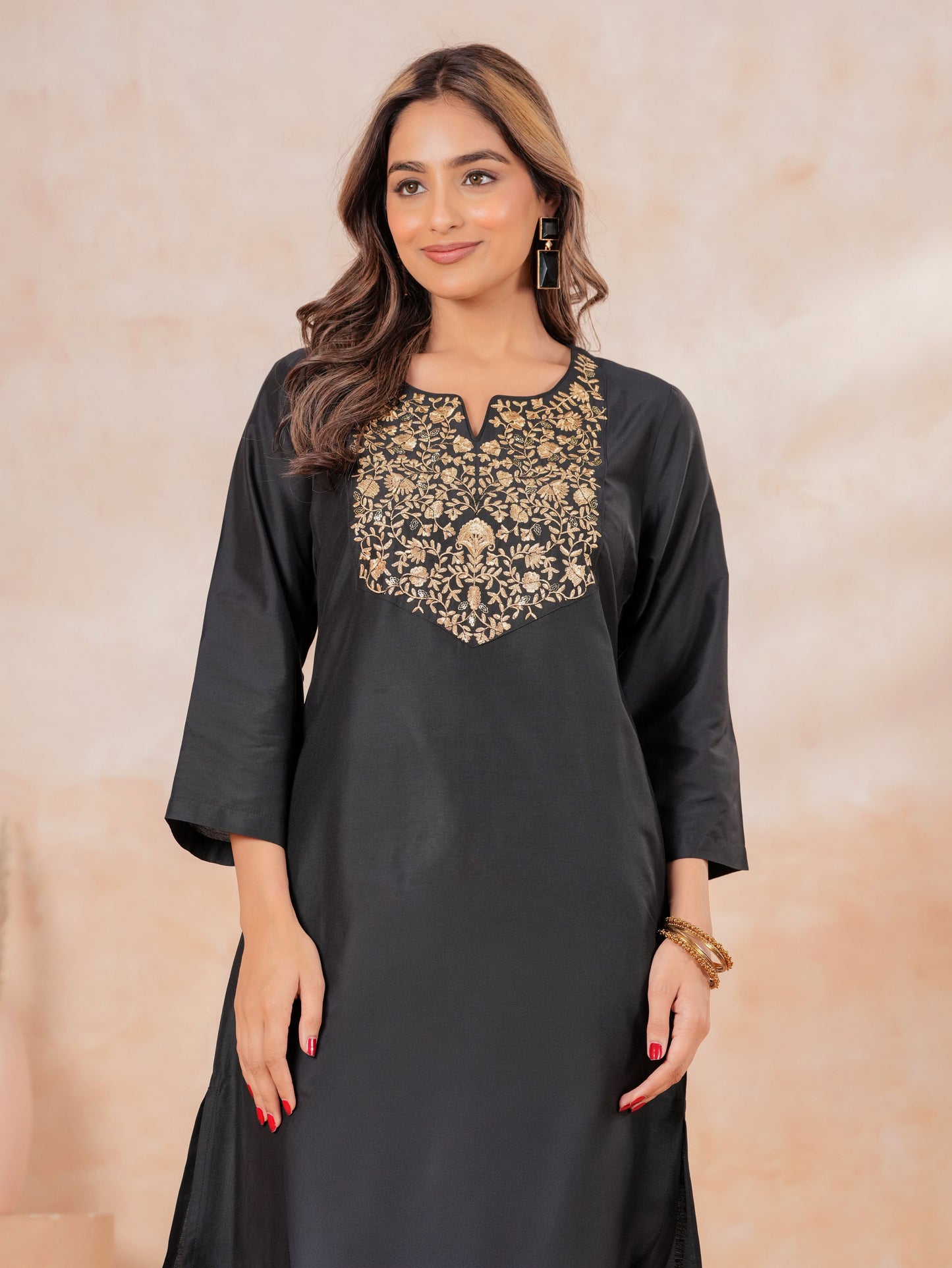 Embroidered Blended Silk Solid A-line Black Kurta