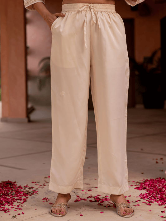 Blended Silk Solid Beige Trousers Trousers