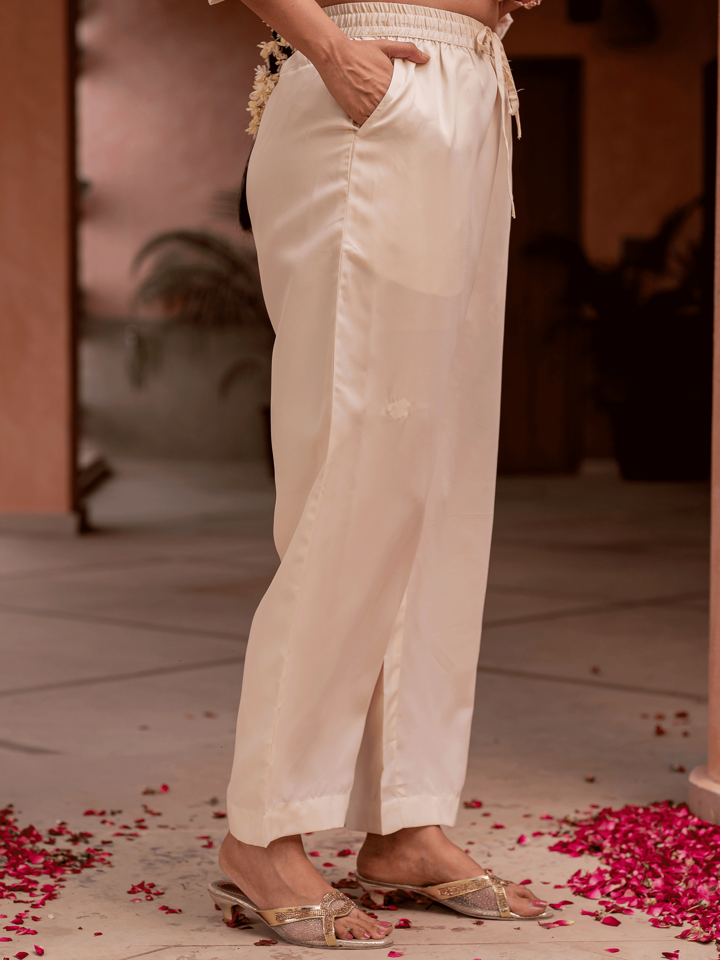 Blended Silk Solid Beige Trousers Trousers