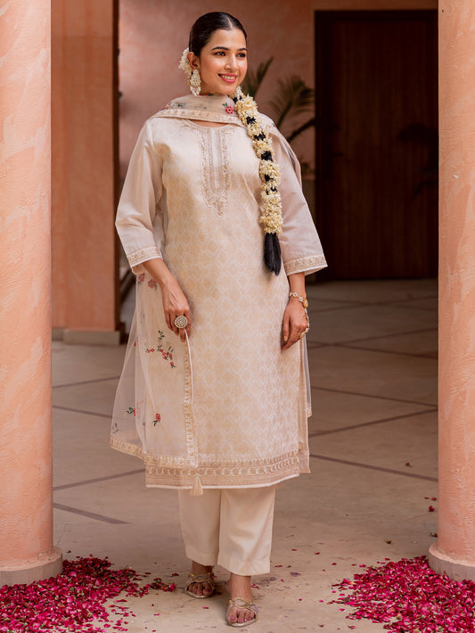 Embroidered Net Solid Beige Dupatta