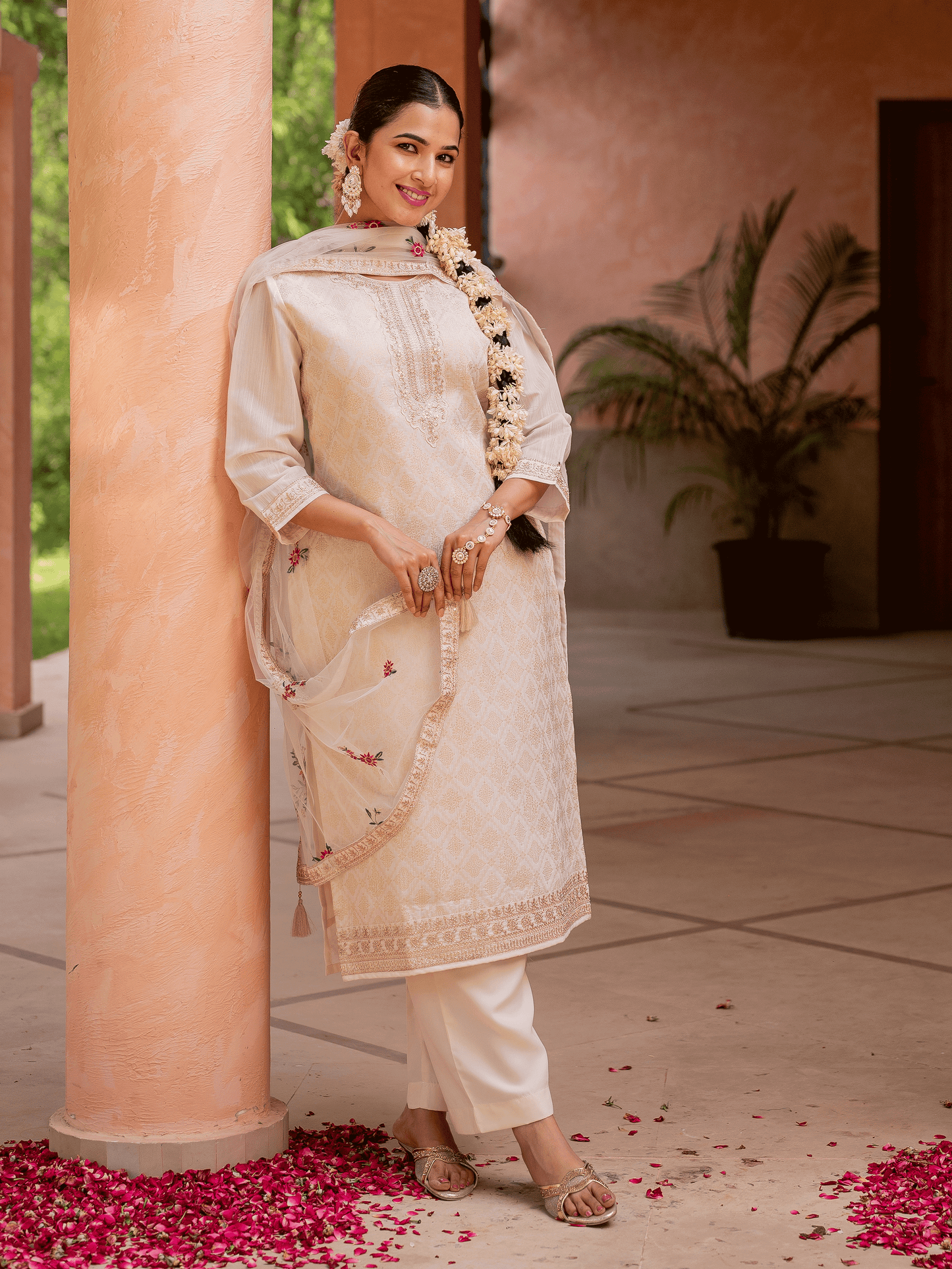 Embroidered Net Solid Beige Dupatta