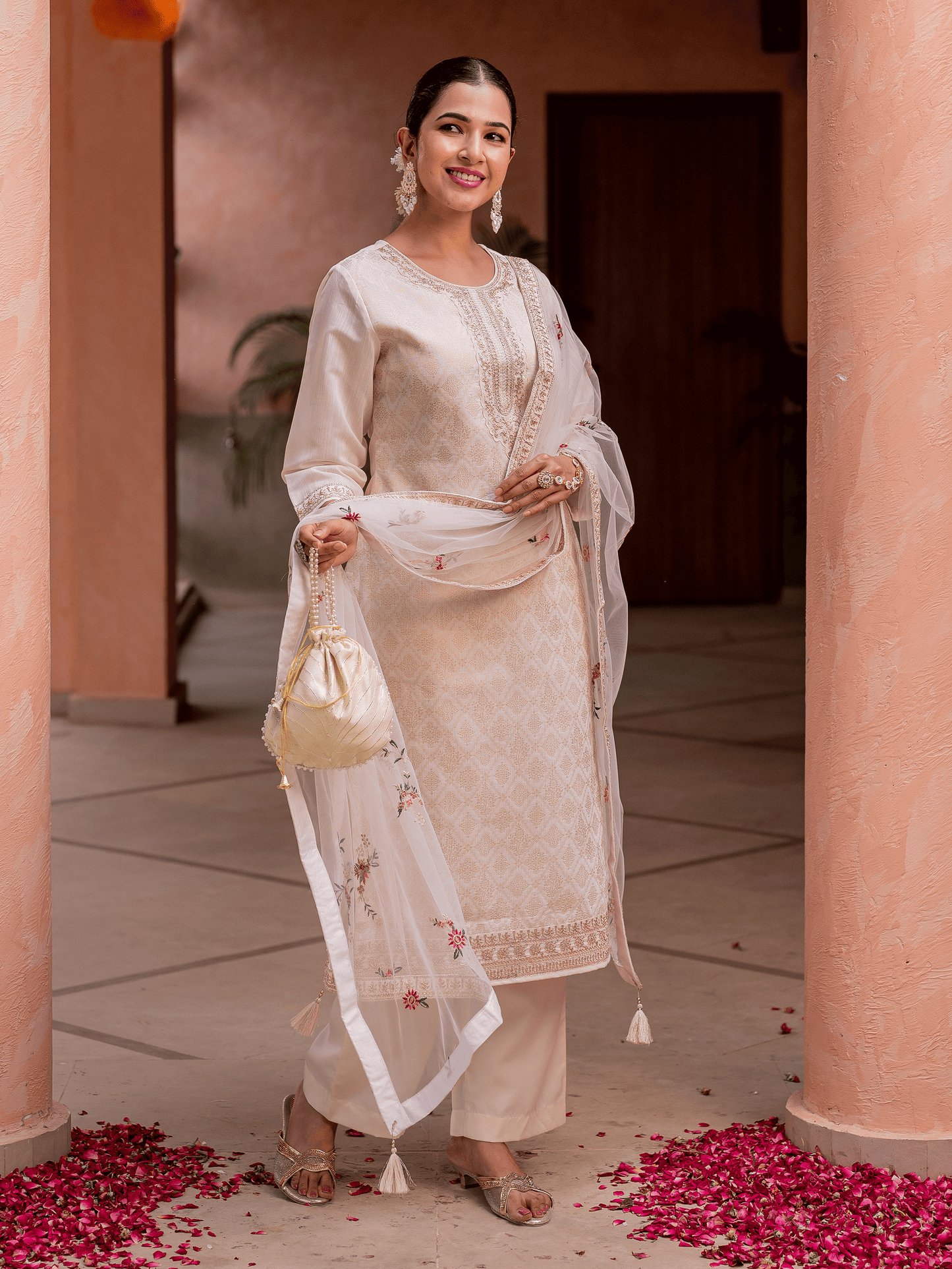 Embroidered Net Solid Beige Dupatta