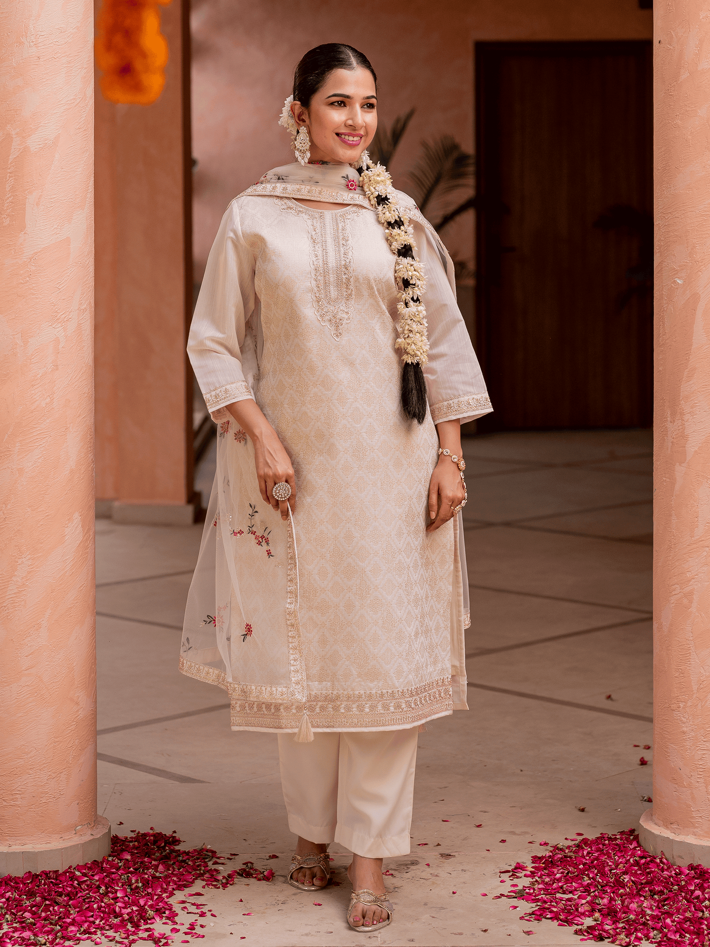 Embroidered Net Solid Beige Dupatta