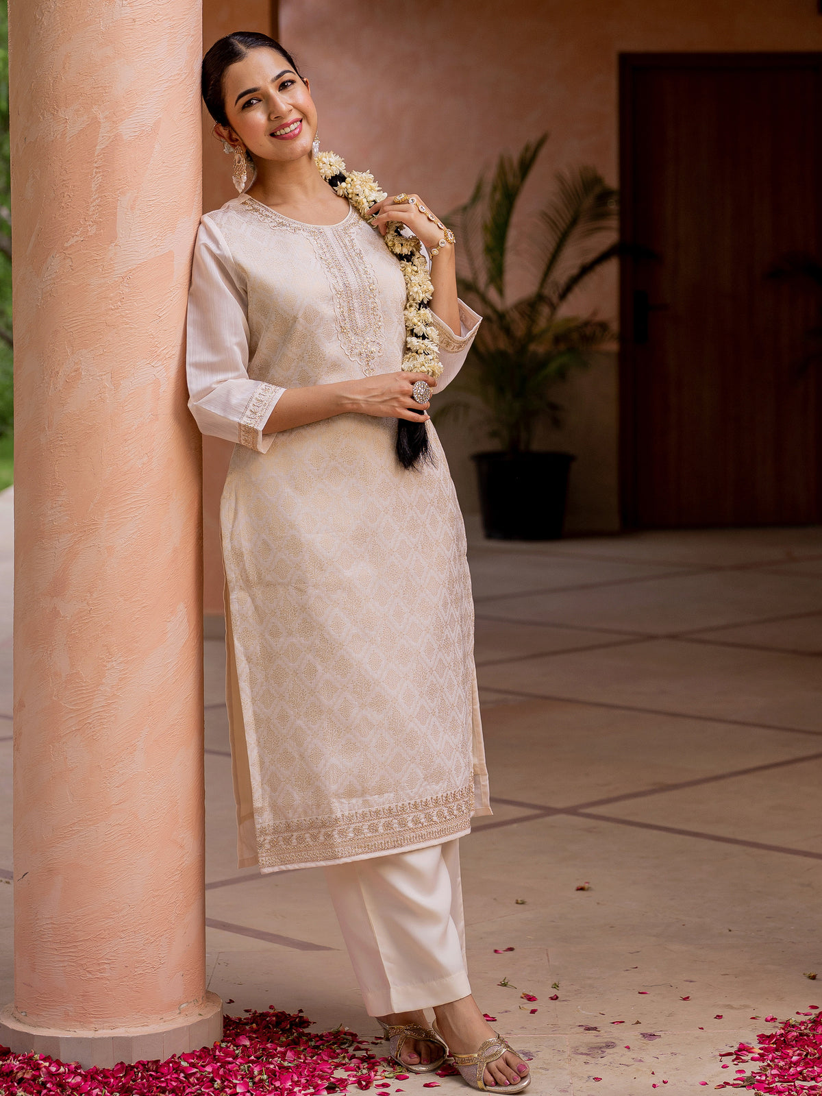 Embroidered Brocade Solid Straight Beige Kurta