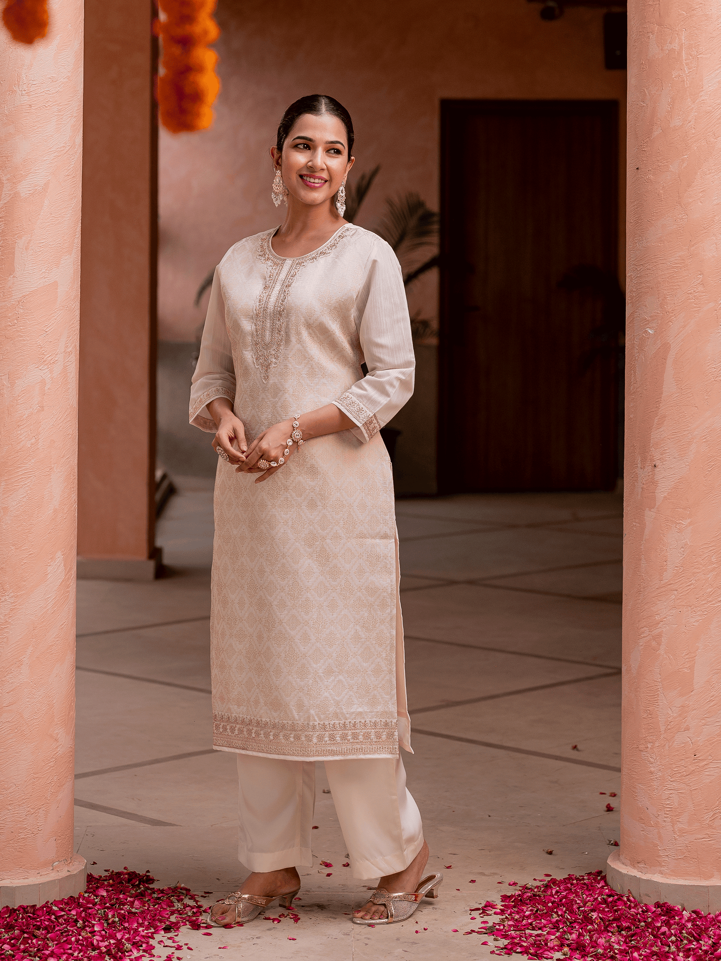 Embroidered Brocade Solid Straight Beige Kurta