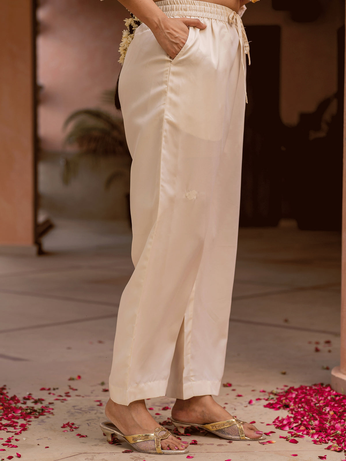 Embroidered Brocade Solid Straight Beige Kurta